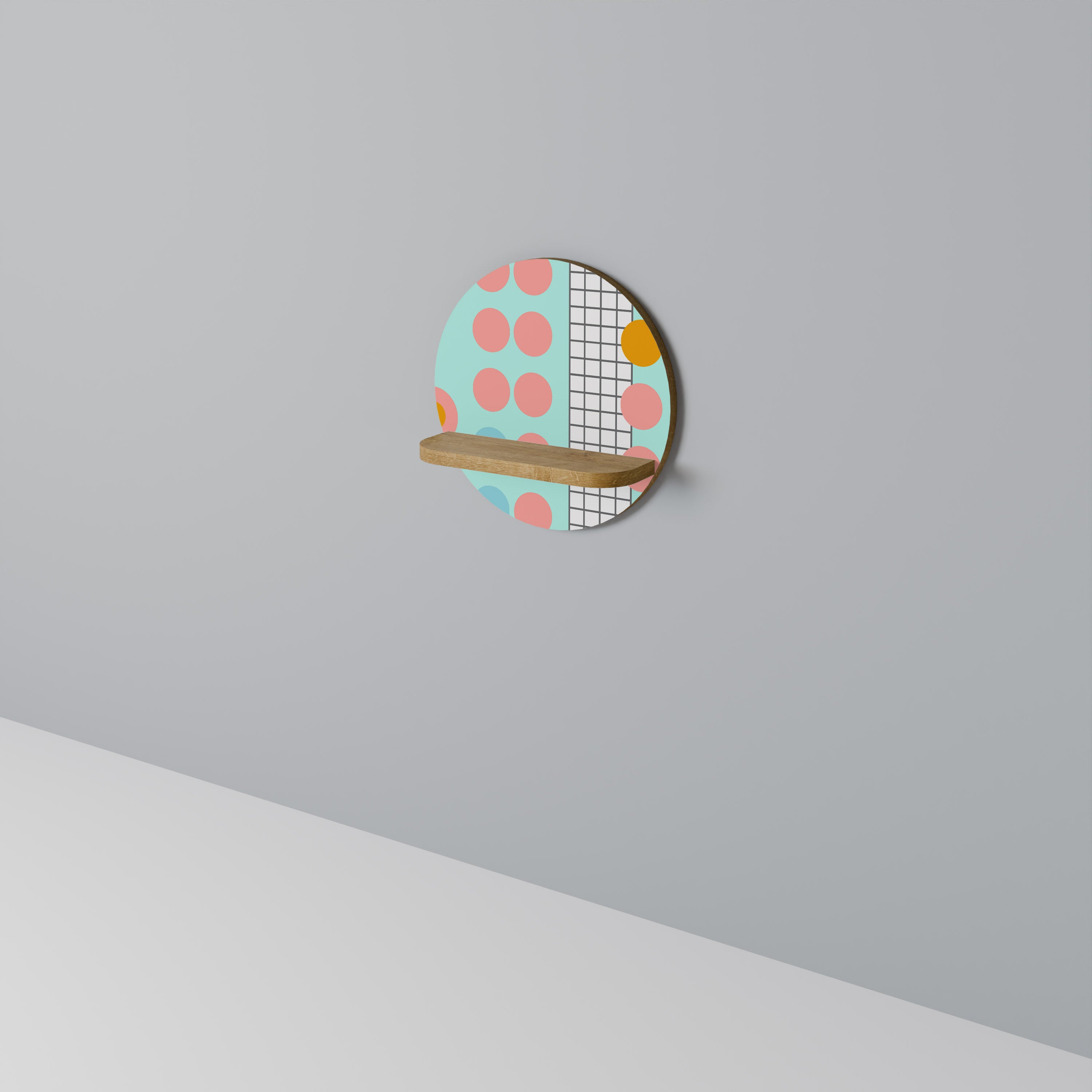 RETRO GRID Round Art Shelf In Oak Effect