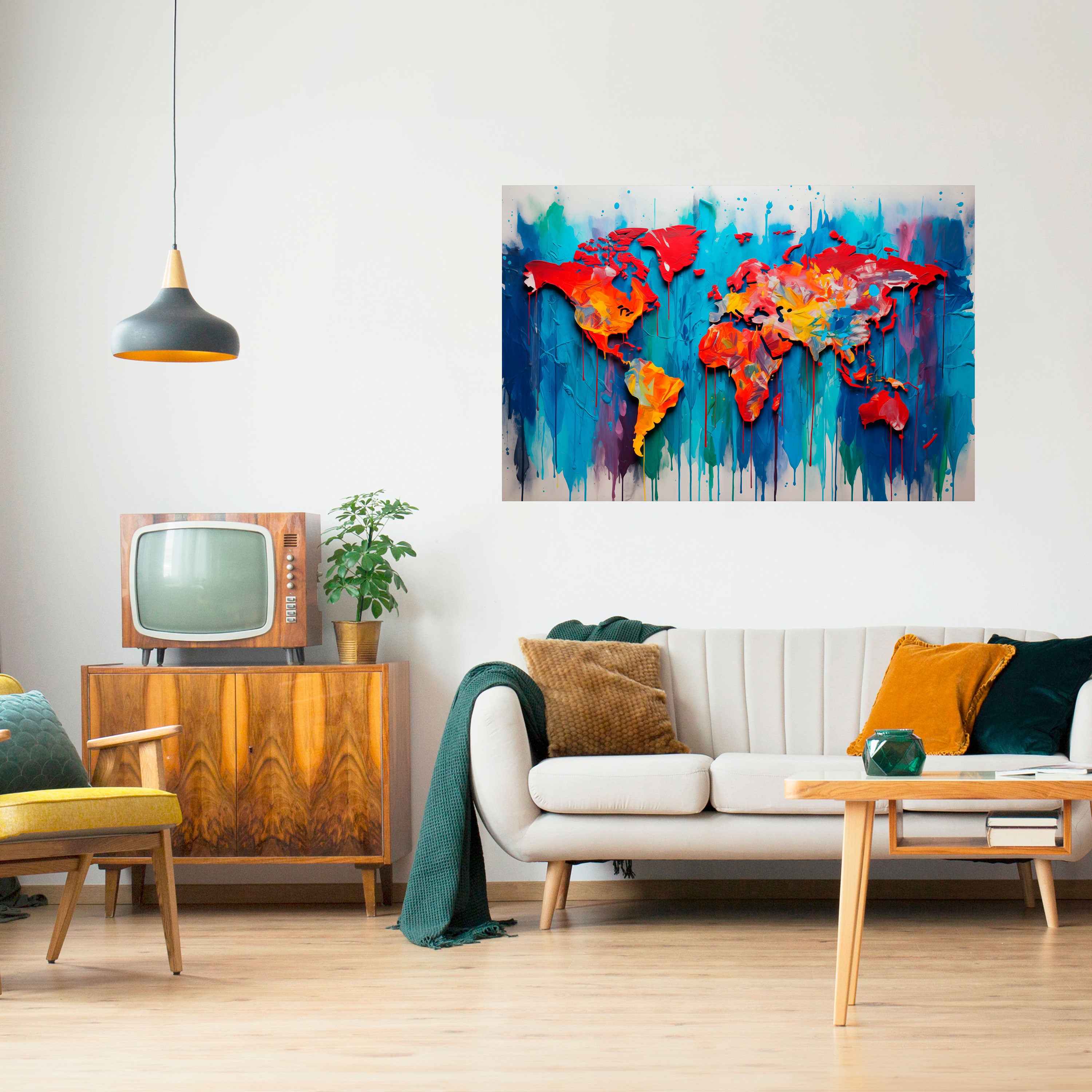 Póster horizontal autoadhesivo con mapa del mundo colorido