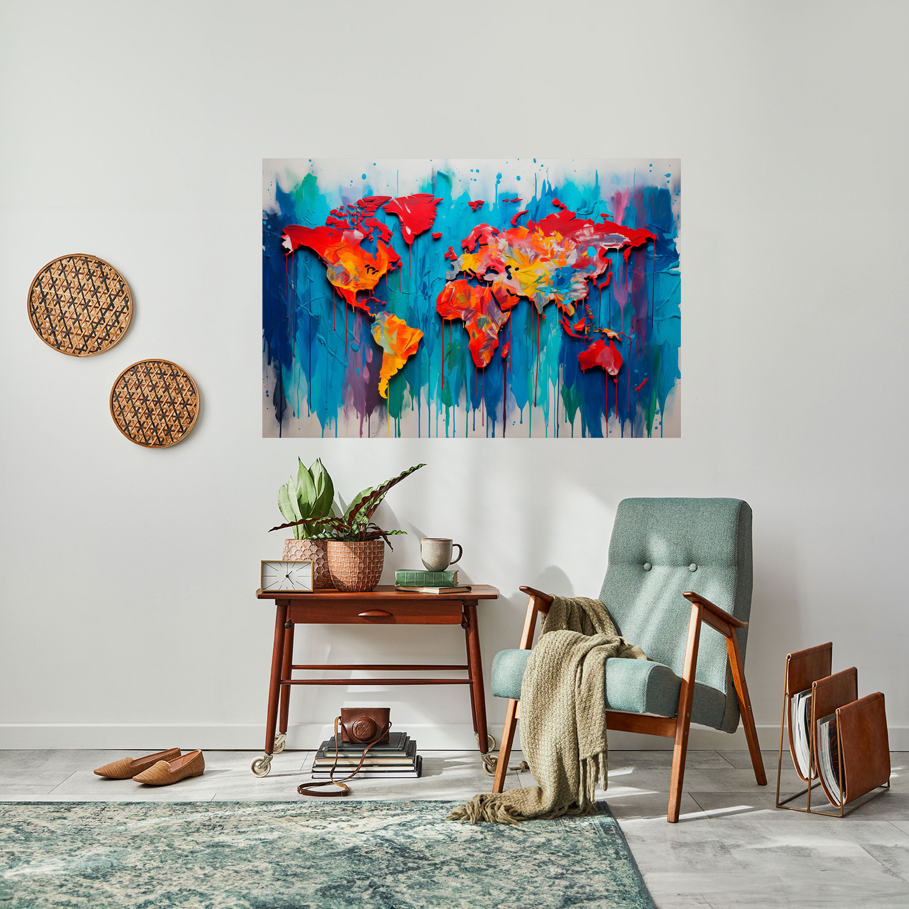 Póster horizontal autoadhesivo con mapa del mundo colorido