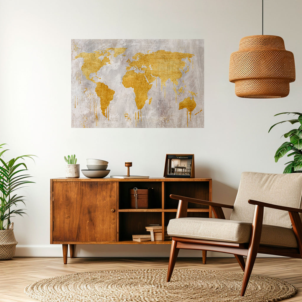Póster horizontal autoadhesivo con mapa de visión del mundo metálico