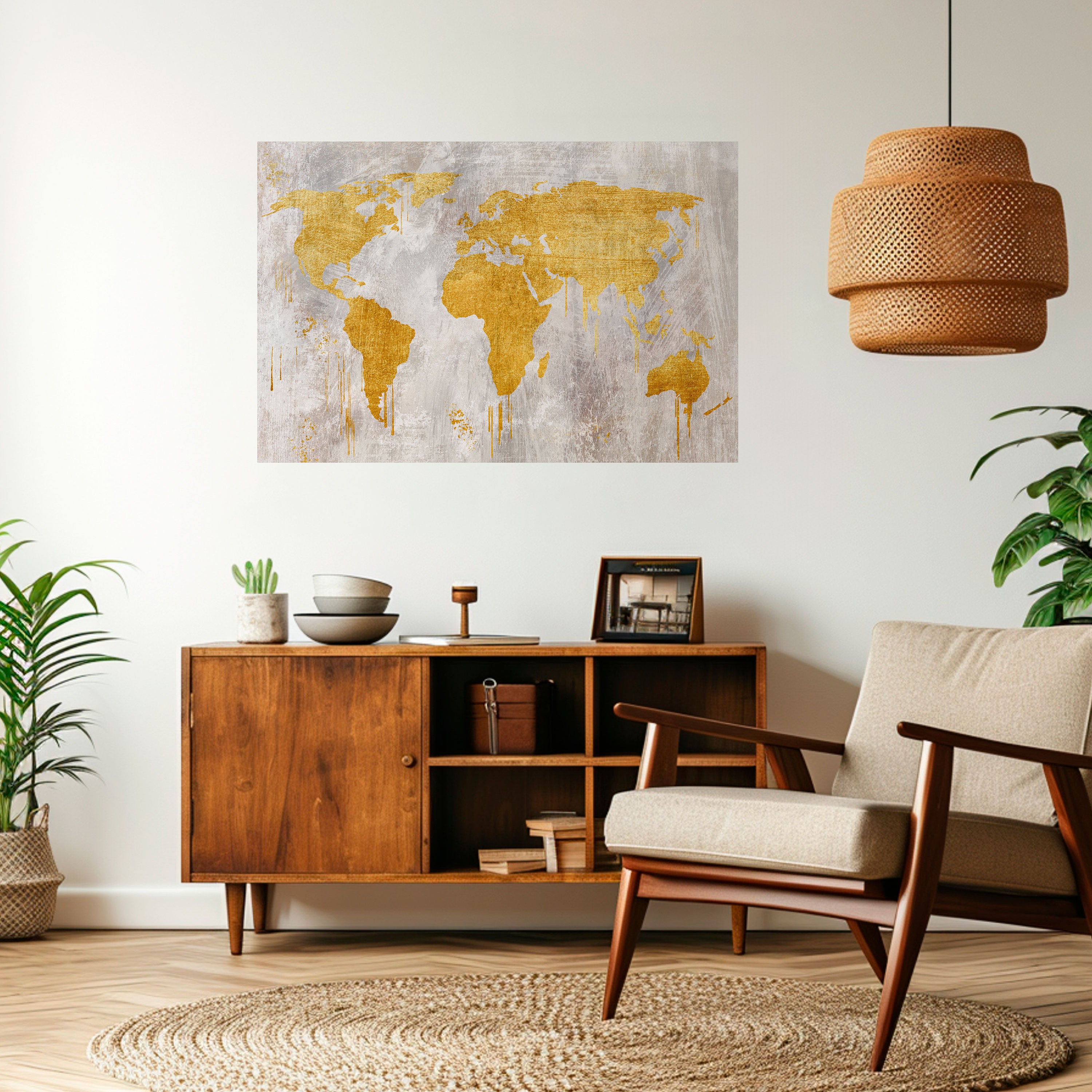 Póster horizontal autoadhesivo con mapa de visión del mundo metálico