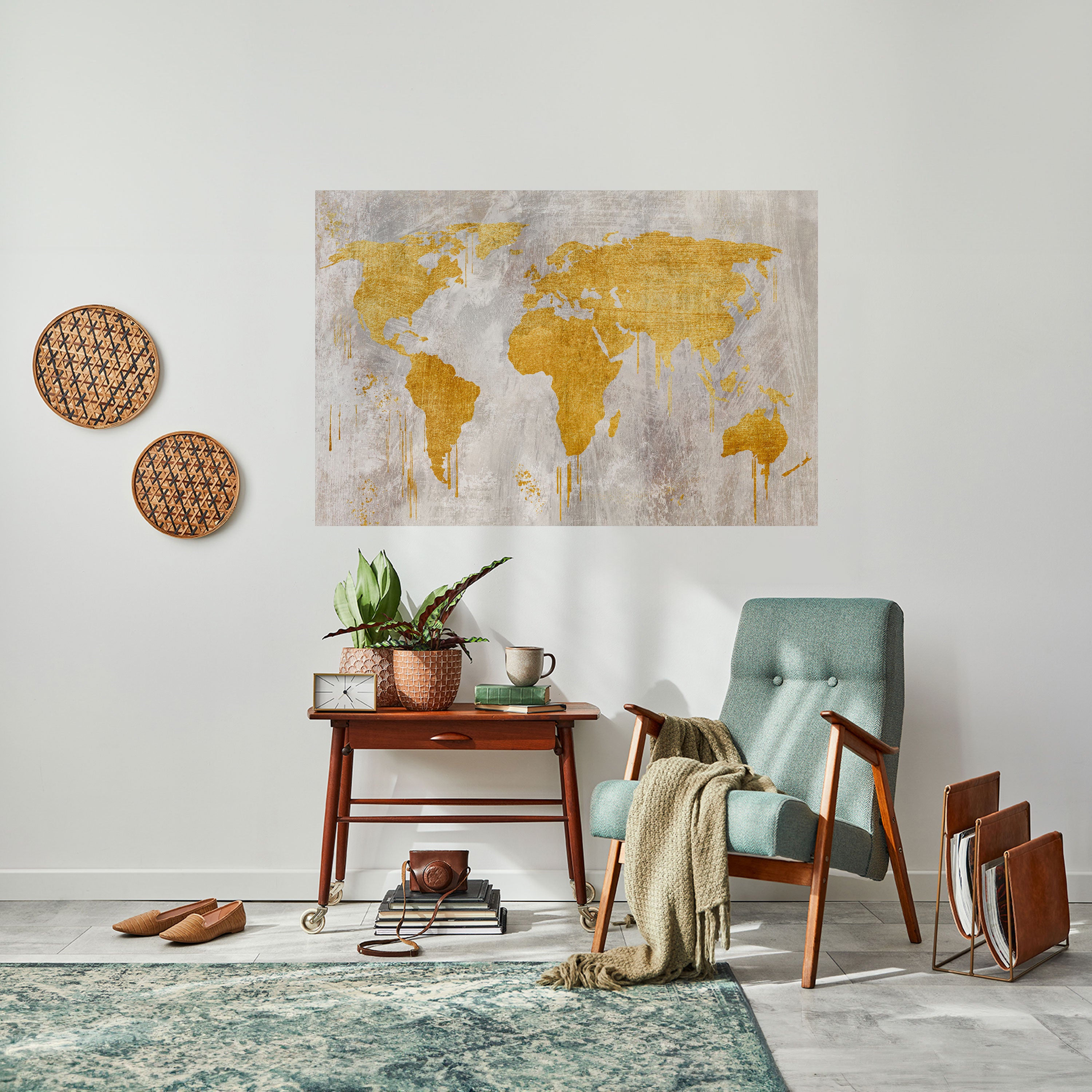 Póster horizontal autoadhesivo con mapa de visión del mundo metálico