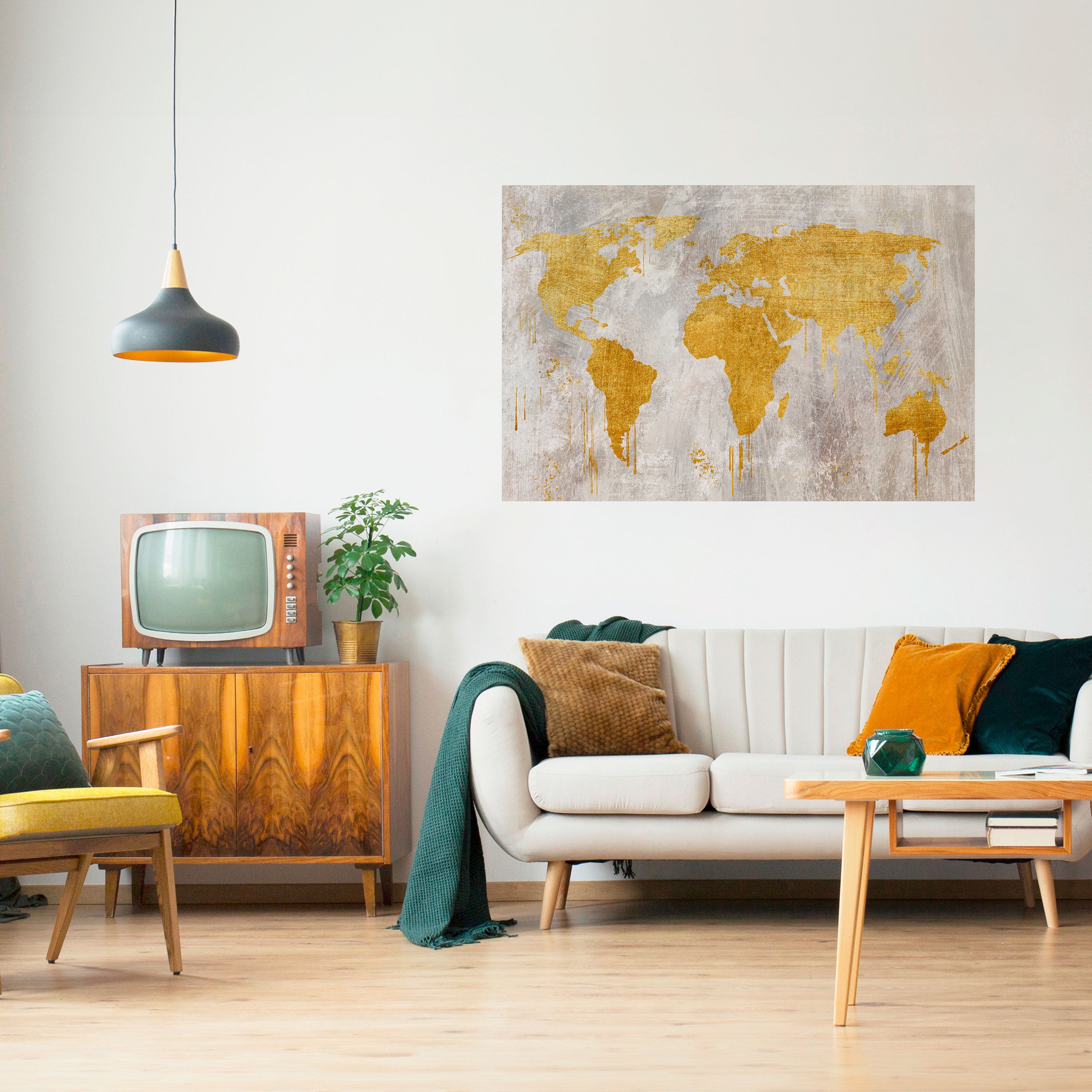Póster horizontal autoadhesivo con mapa de visión del mundo metálico