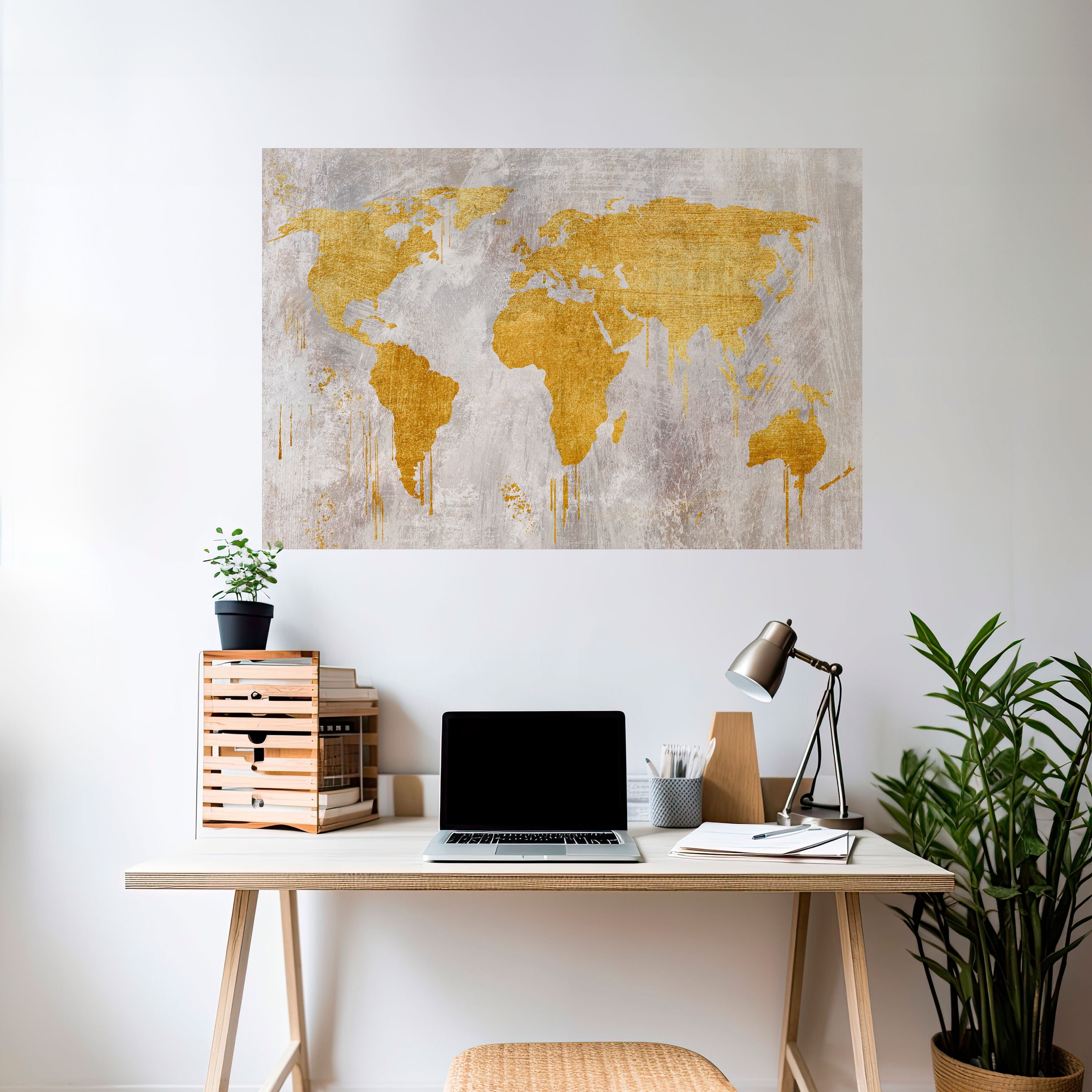 Póster horizontal autoadhesivo con mapa de visión del mundo metálico