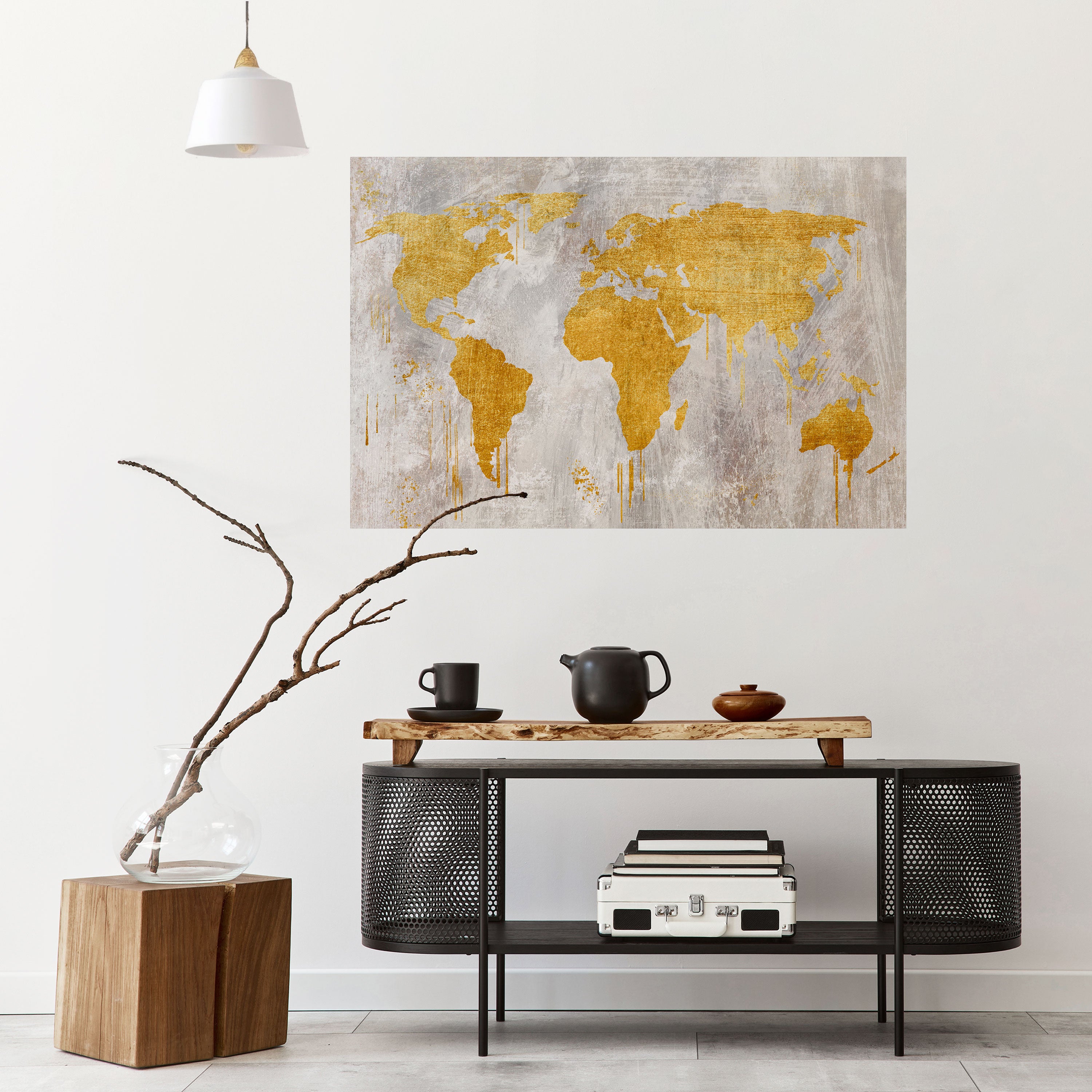 Póster horizontal autoadhesivo con mapa de visión del mundo metálico