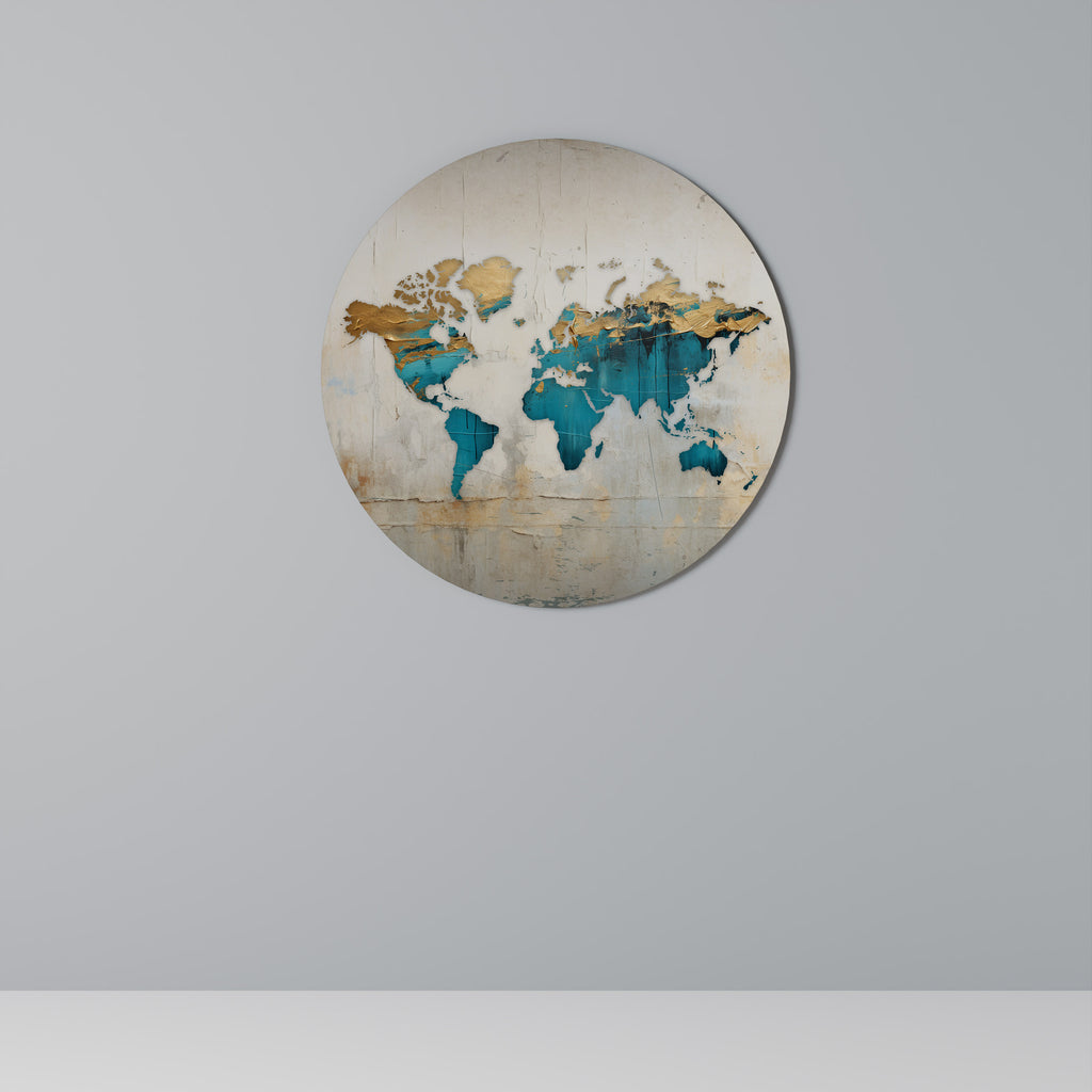 Arte de pared redondo con mapa azul dorado