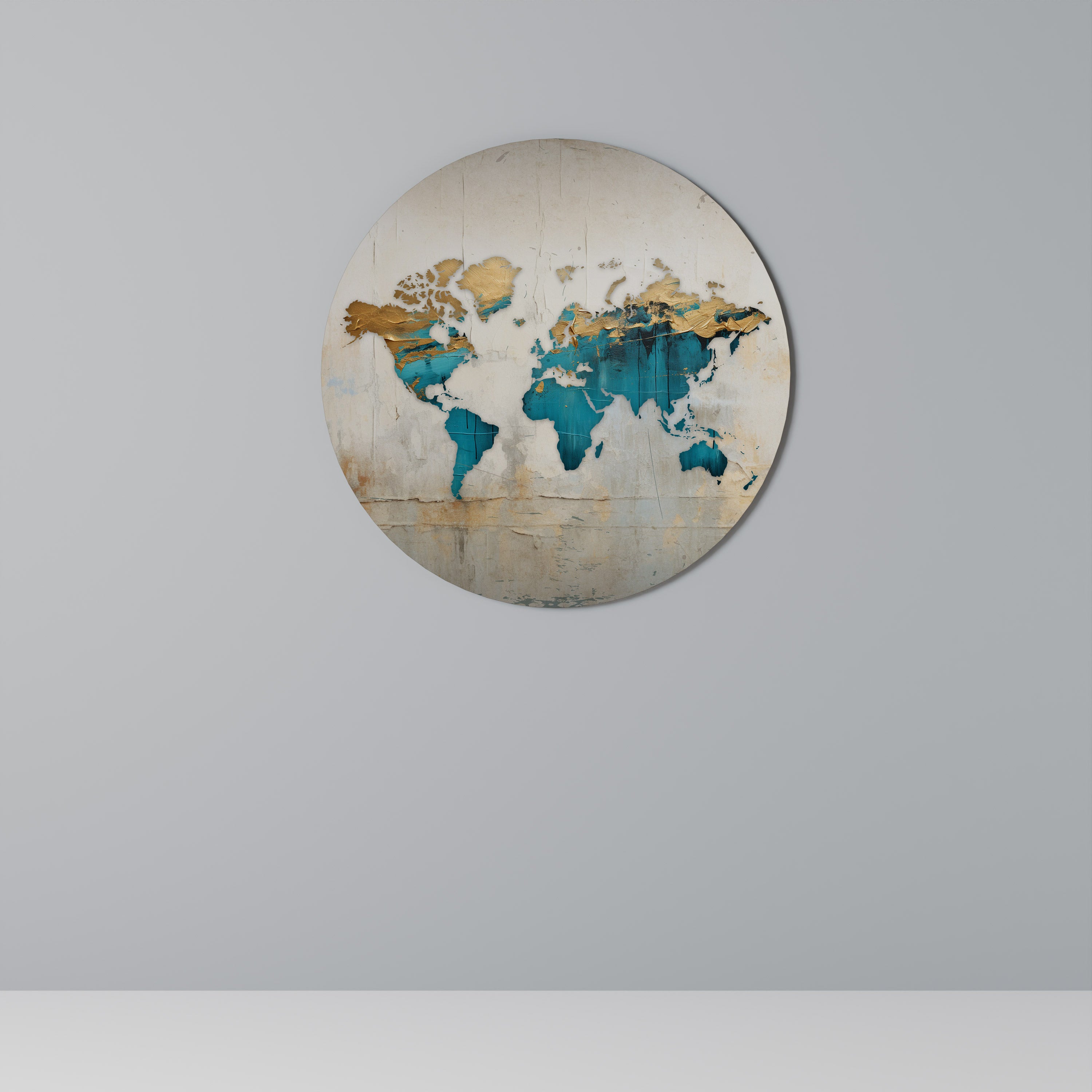 Arte de pared redondo con mapa azul dorado