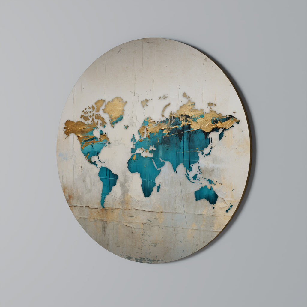 Arte de pared redondo con mapa azul dorado