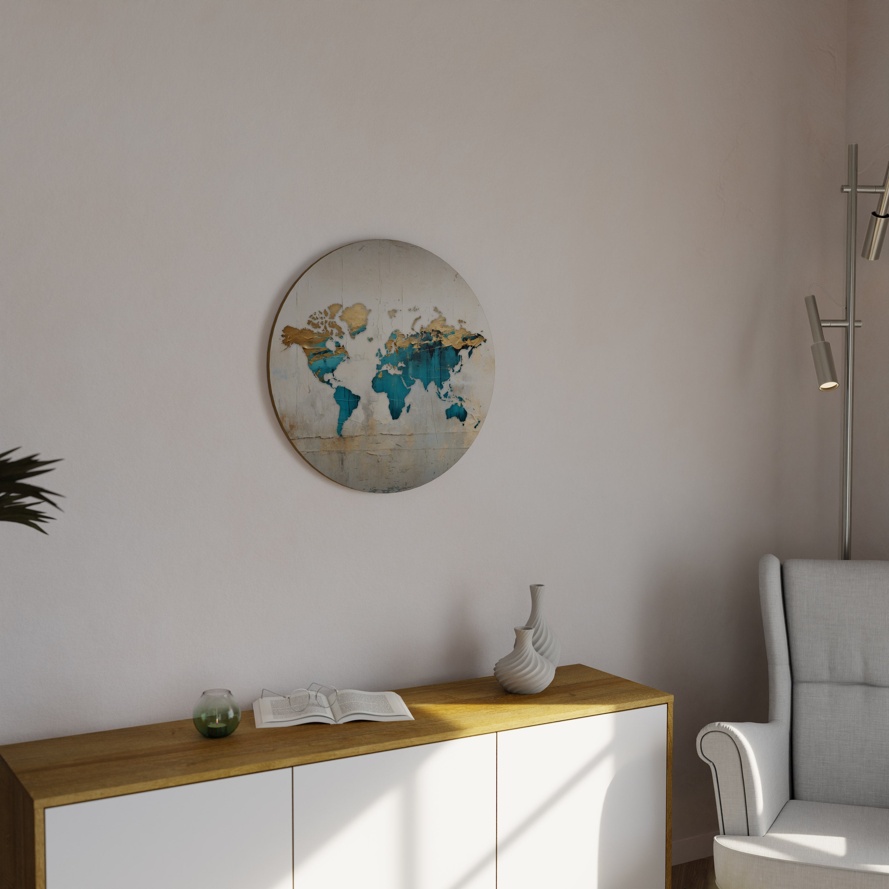 Arte de pared redondo con mapa azul dorado