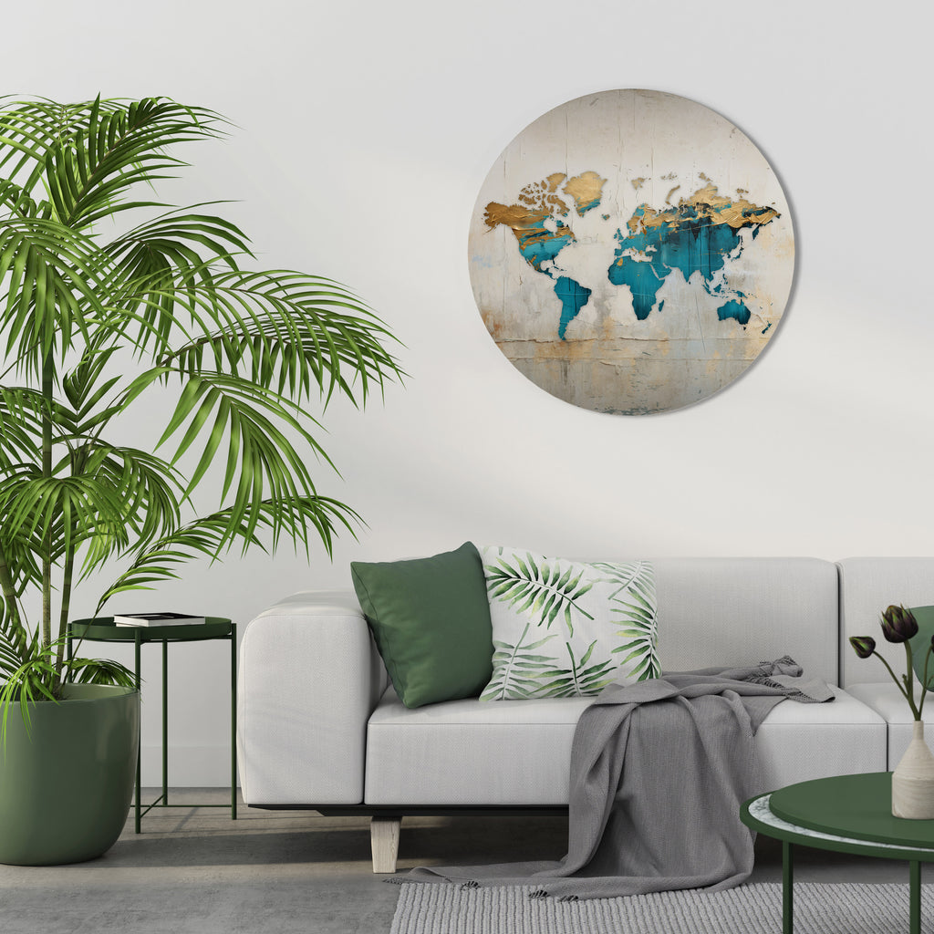 Arte de pared redondo con mapa azul dorado