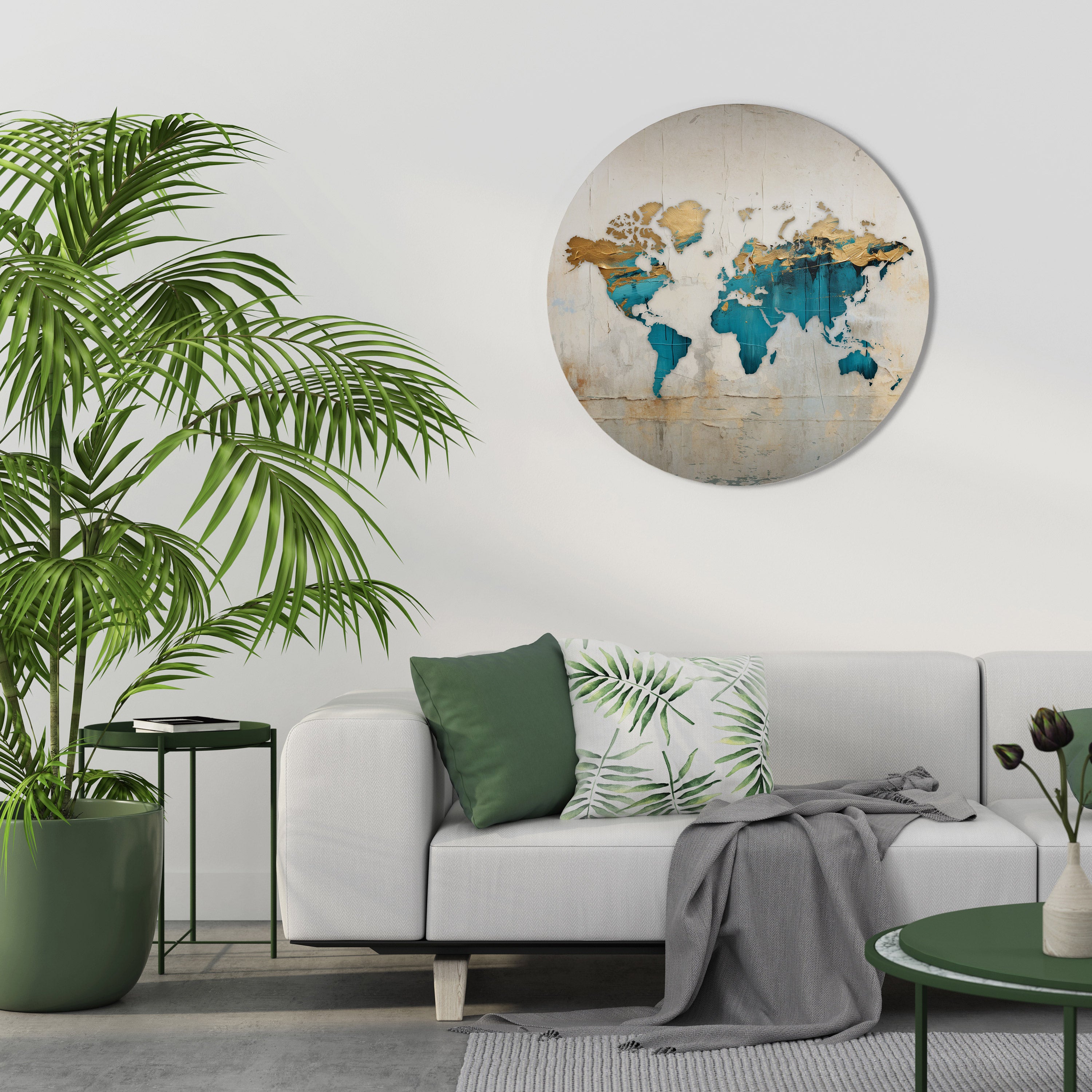 Arte de pared redondo con mapa azul dorado