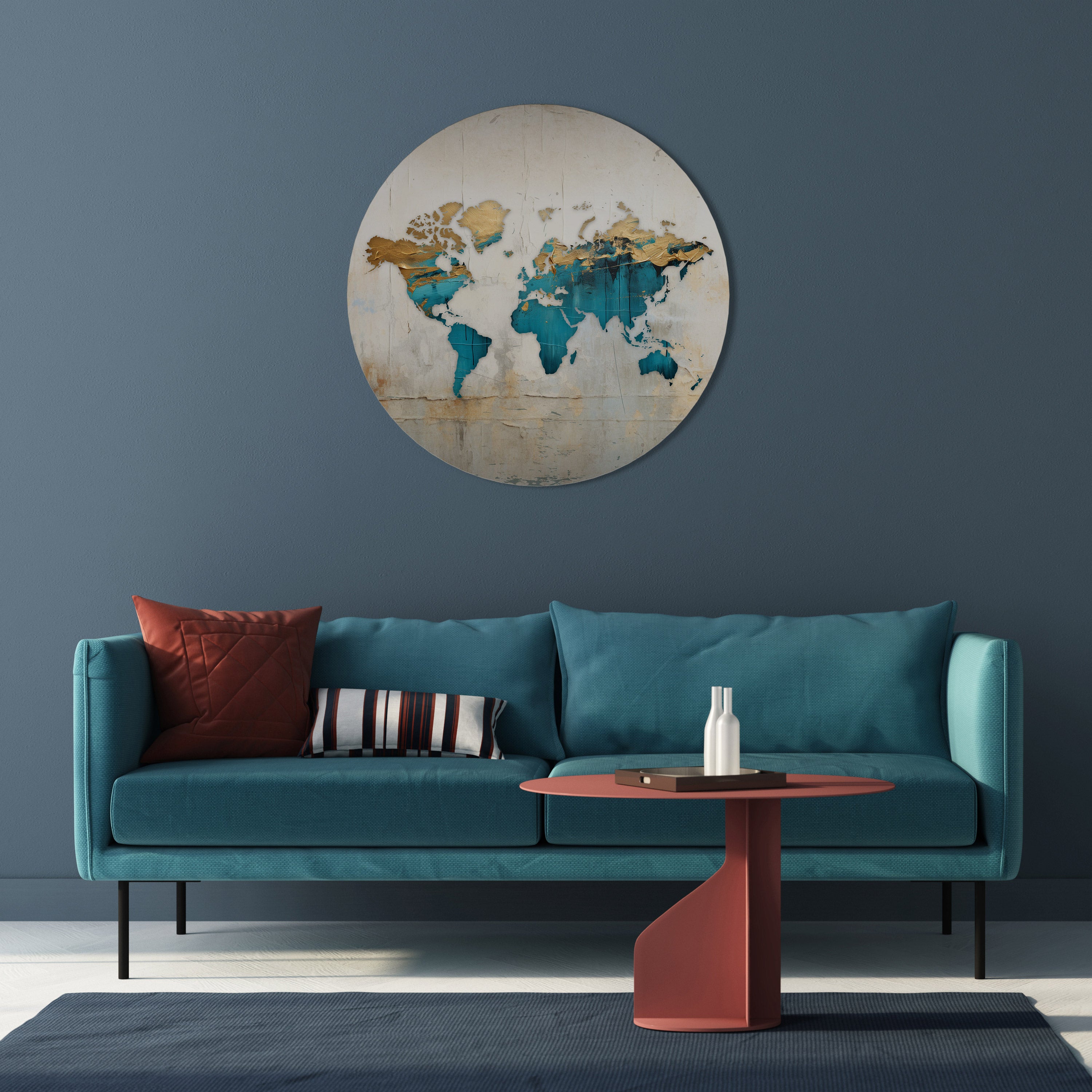 Arte de pared redondo con mapa azul dorado