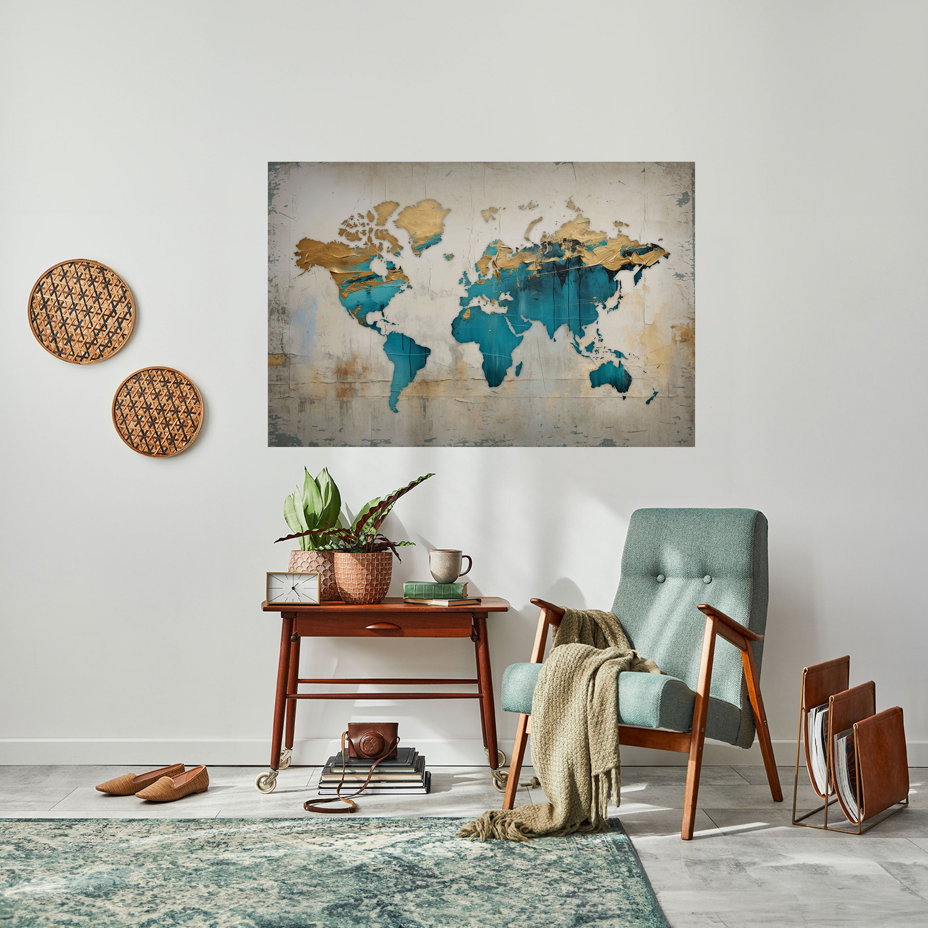 Póster horizontal autoadhesivo con mapa azul dorado