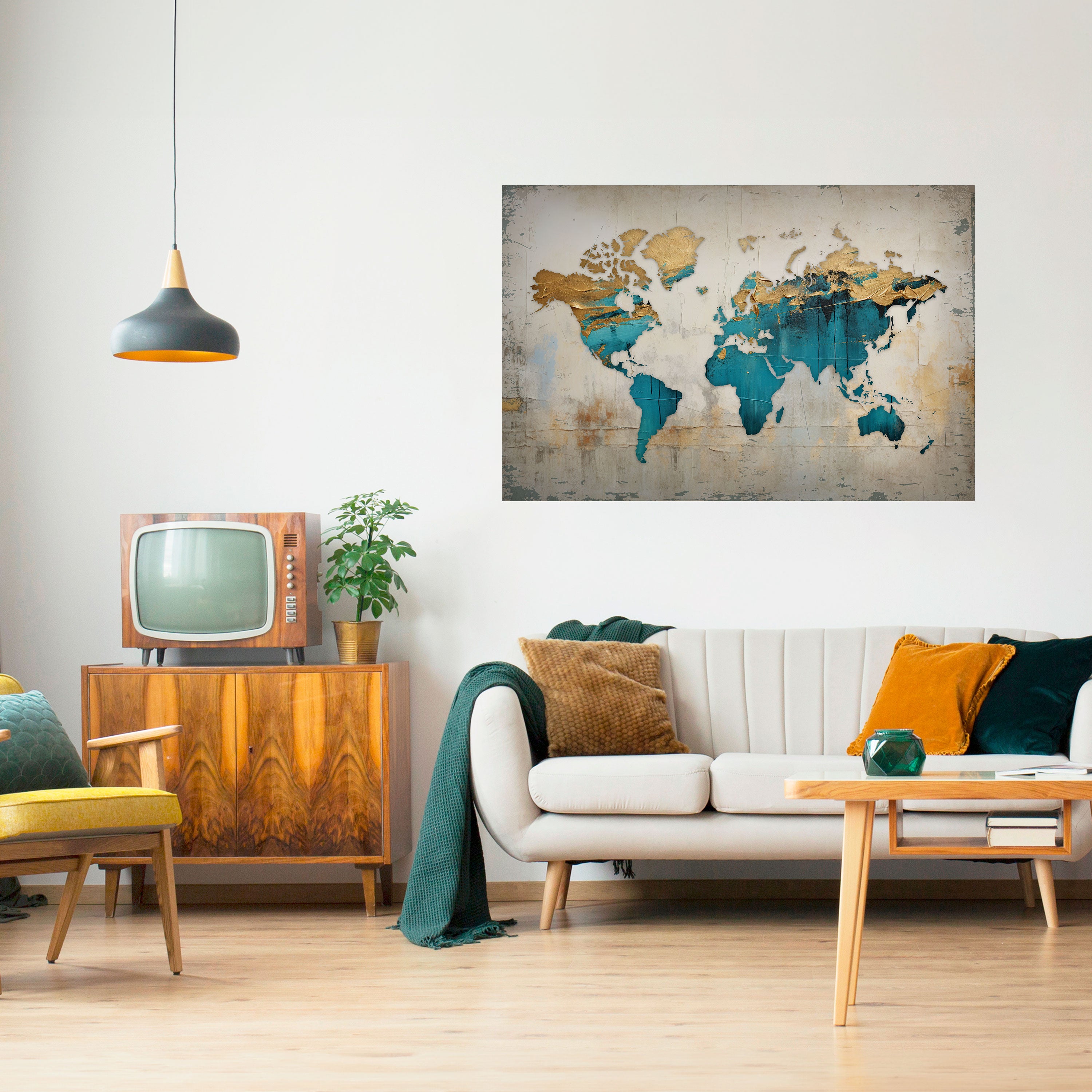 Póster horizontal autoadhesivo con mapa azul dorado