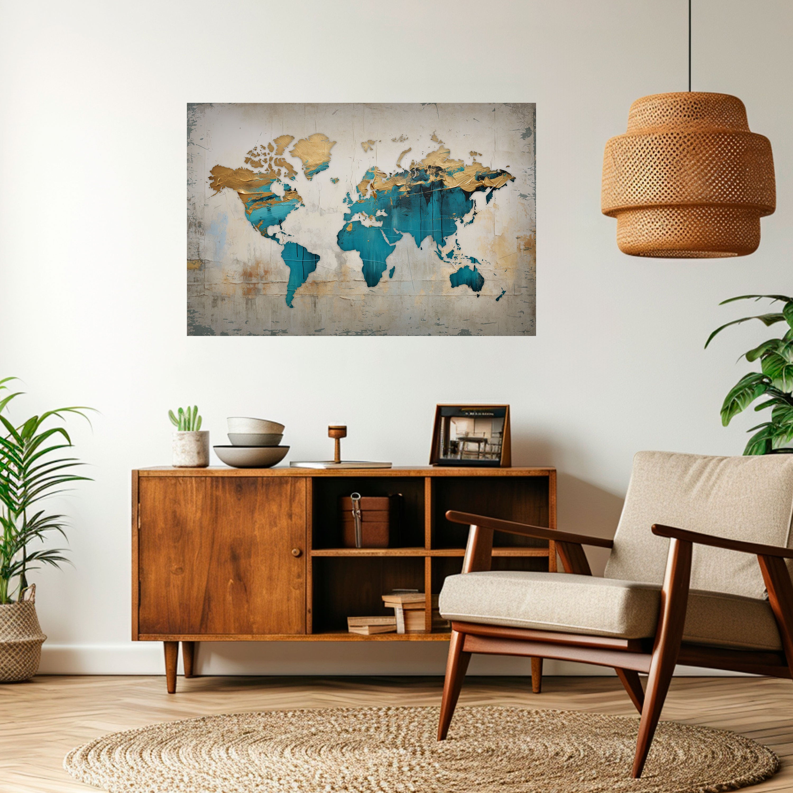 Póster horizontal autoadhesivo con mapa azul dorado