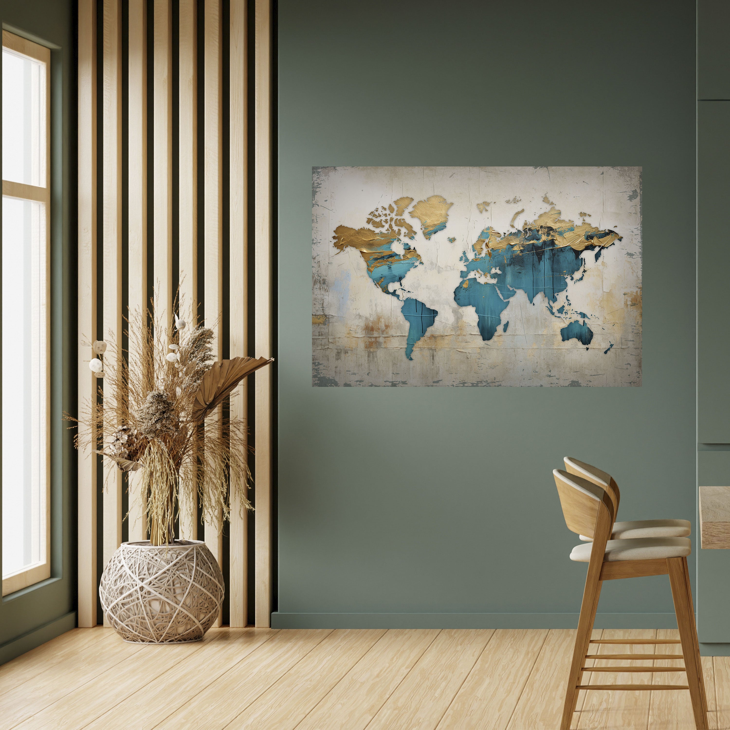 Póster horizontal autoadhesivo con mapa azul dorado