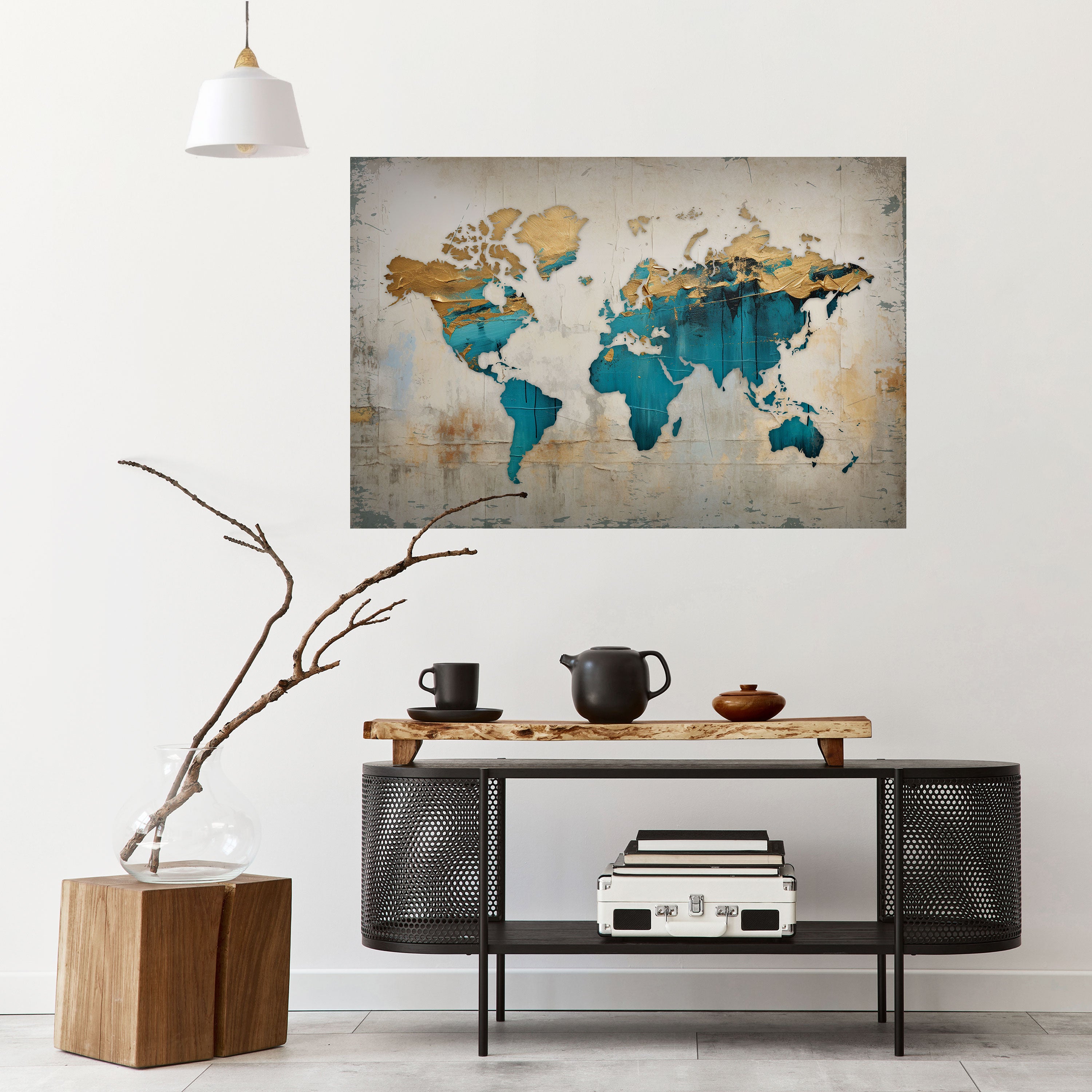Póster horizontal autoadhesivo con mapa azul dorado