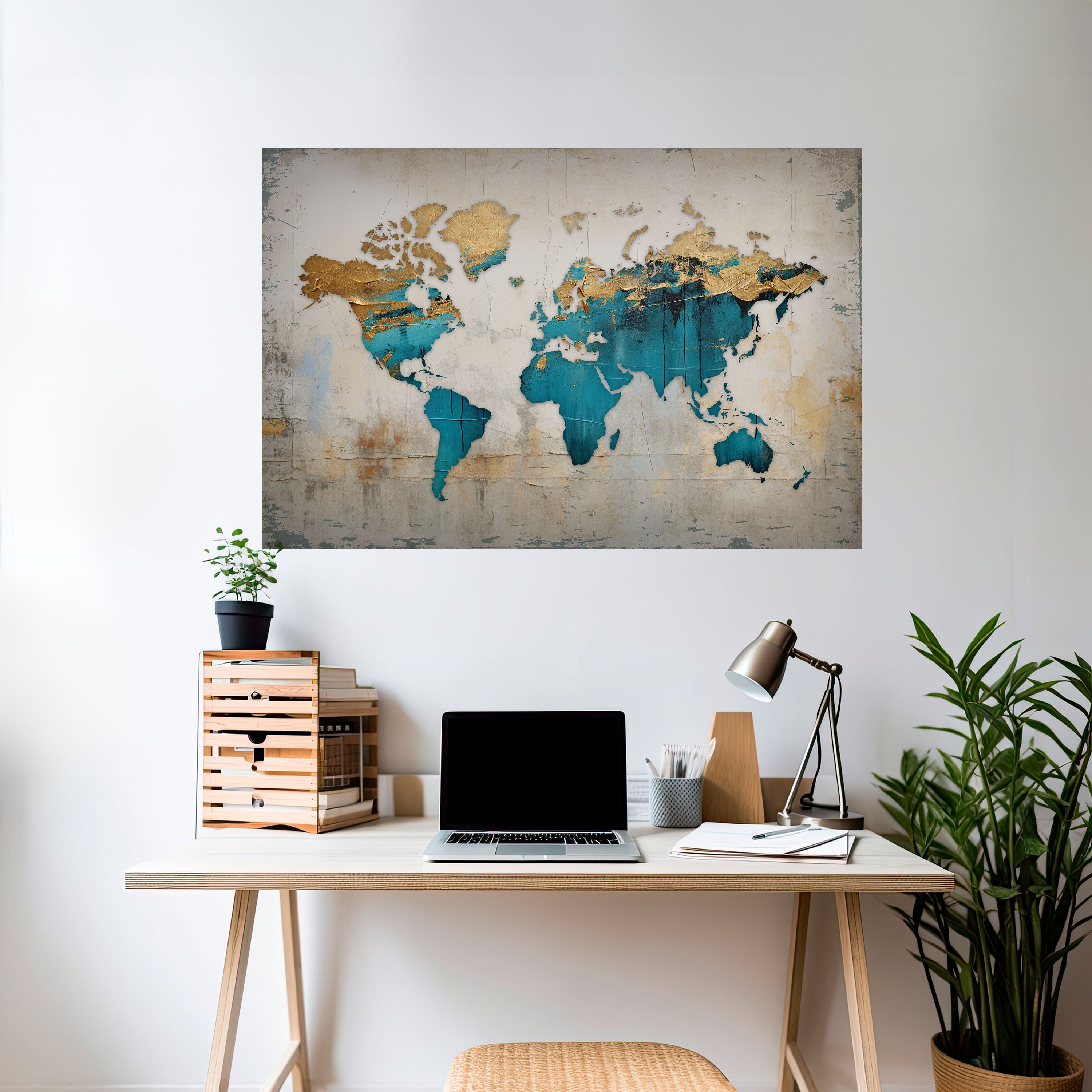 Póster horizontal autoadhesivo con mapa azul dorado