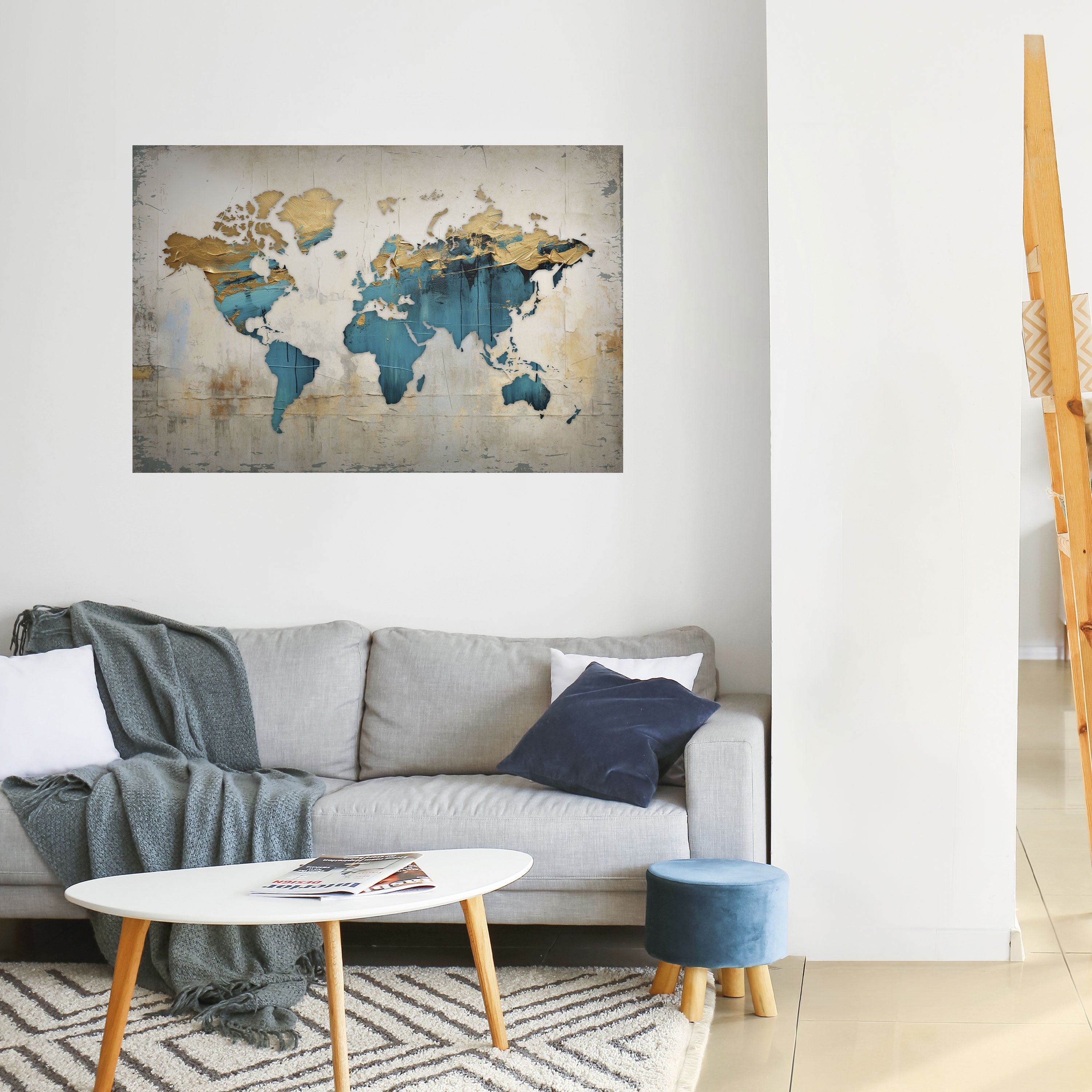 Póster horizontal autoadhesivo con mapa azul dorado
