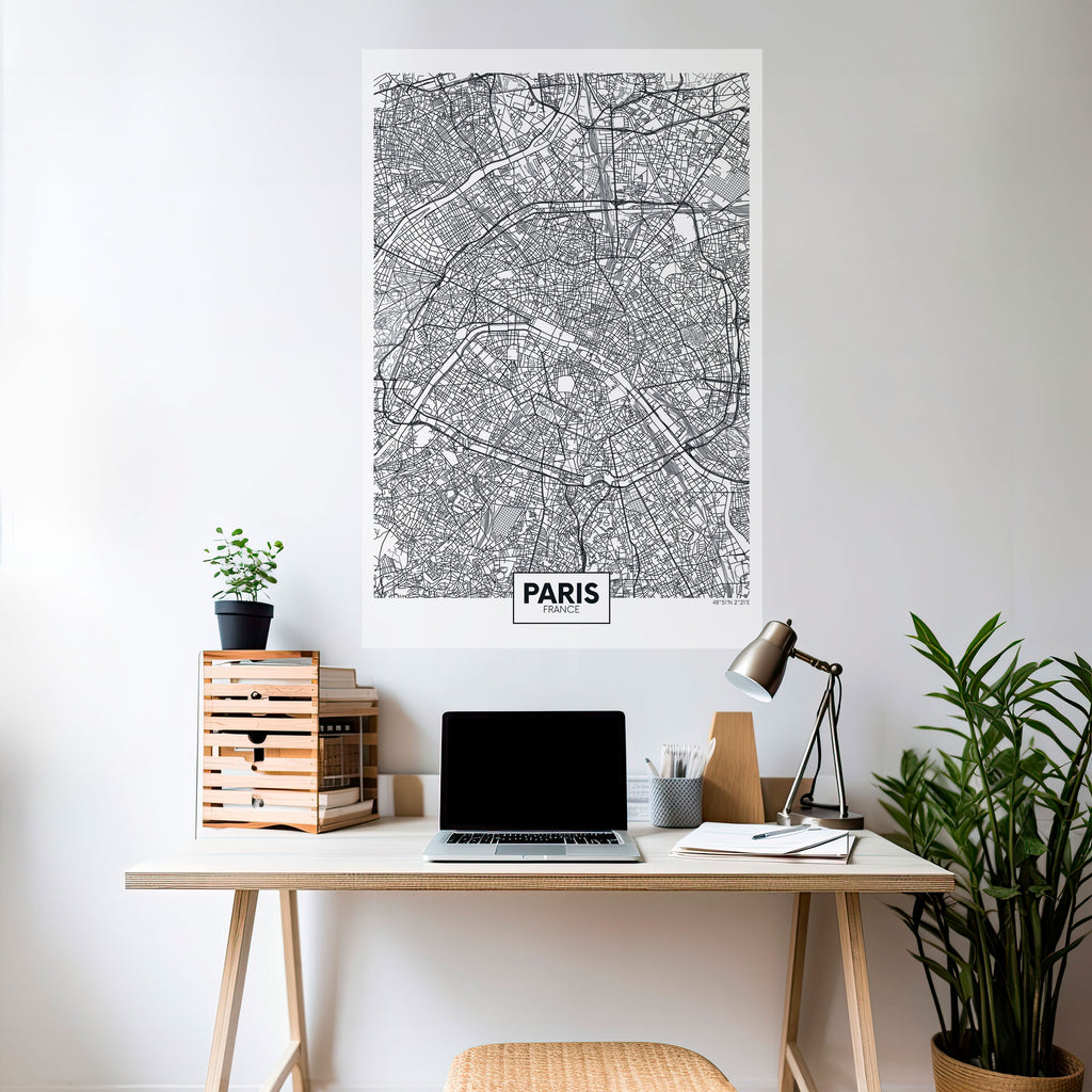 Póster vertical autoadhesivo del plano de la ciudad de París