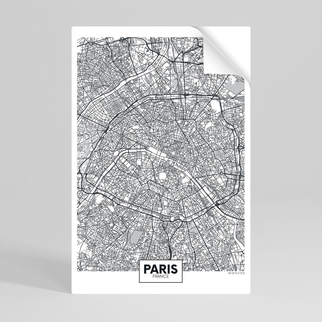 Póster vertical autoadhesivo del plano de la ciudad de París