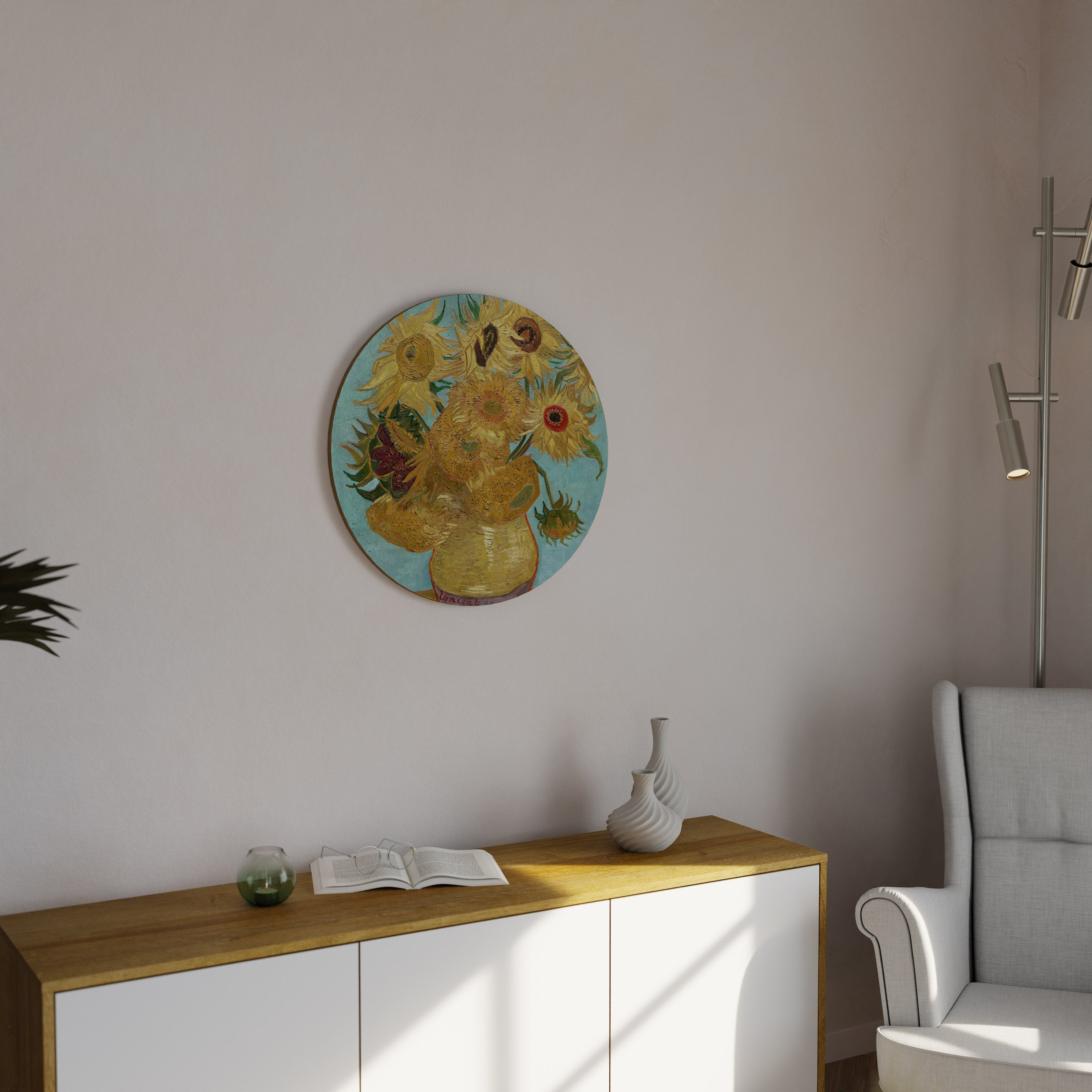 VASE WITH TWELVE SUNFLOWERS Round Wall Art