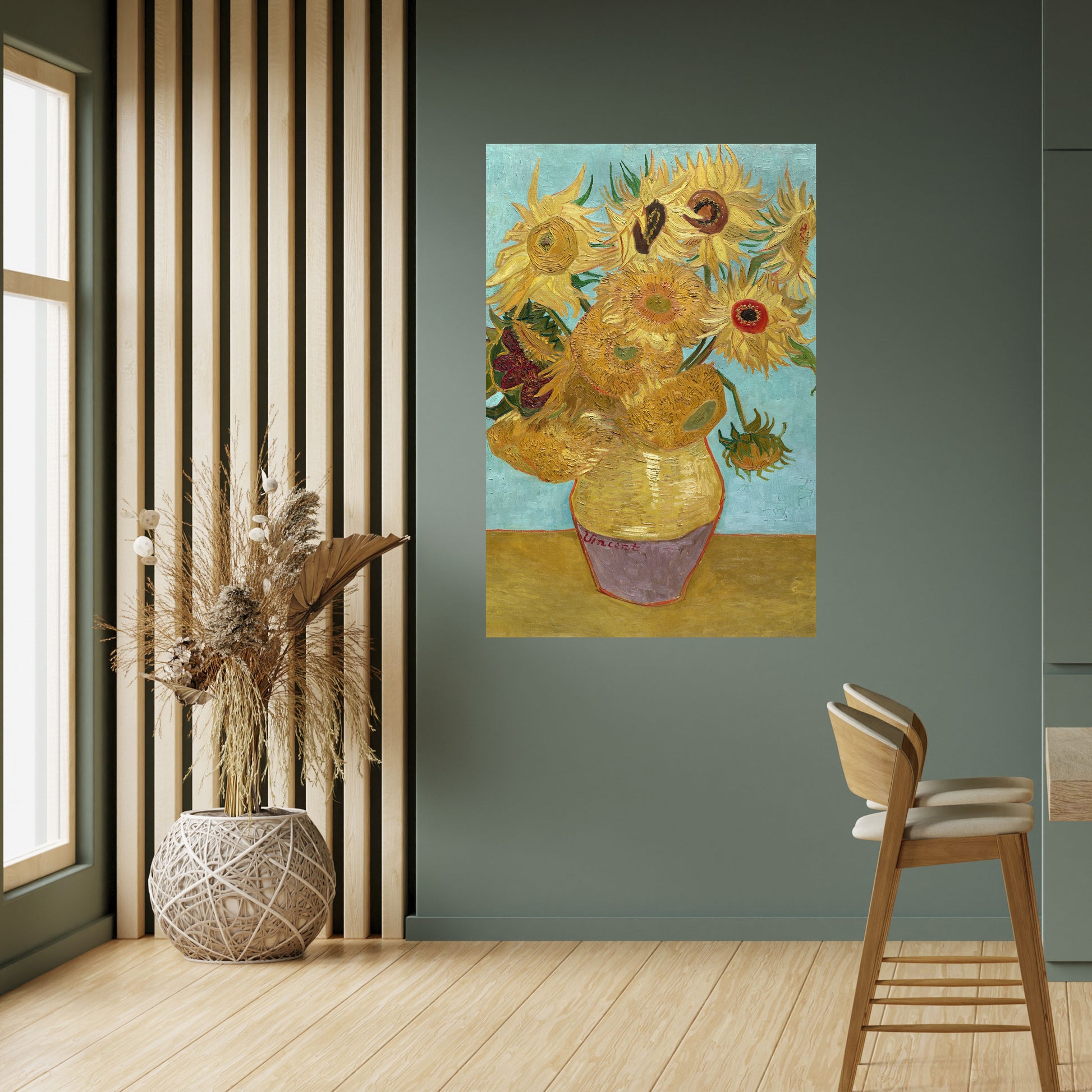 Póster vertical autoadhesivo "JARRON CON DOCE GIRASOLES"