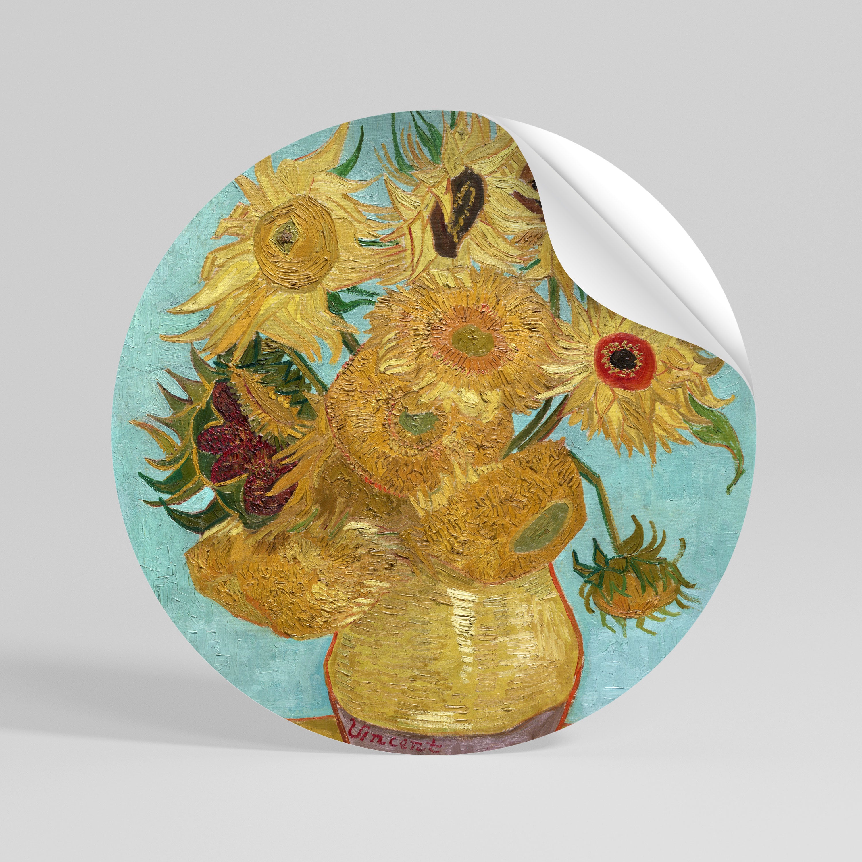 VASE WITH TWELVE SUNFLOWERS Peel and Stick Round Sticker