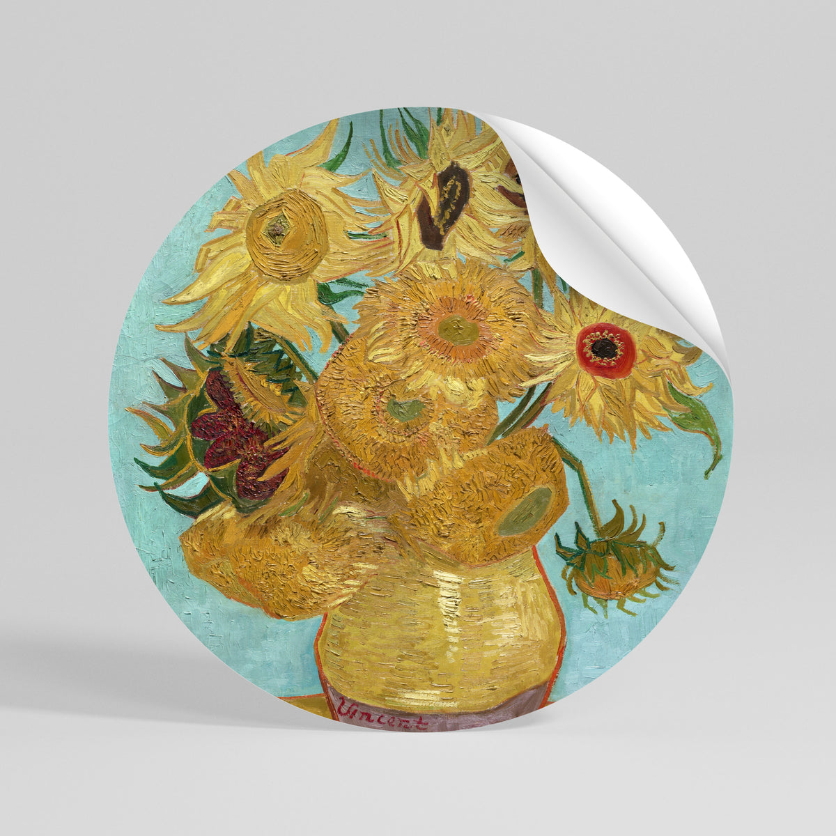 VASE WITH TWELVE SUNFLOWERS Vinilo adhesivo redondo
