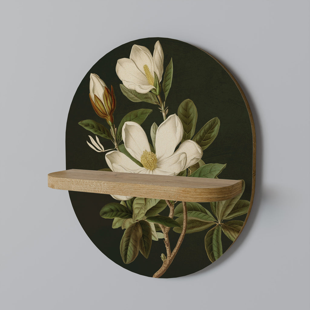 Estantería de arte ovalada FLORAL NOIR con efecto roble