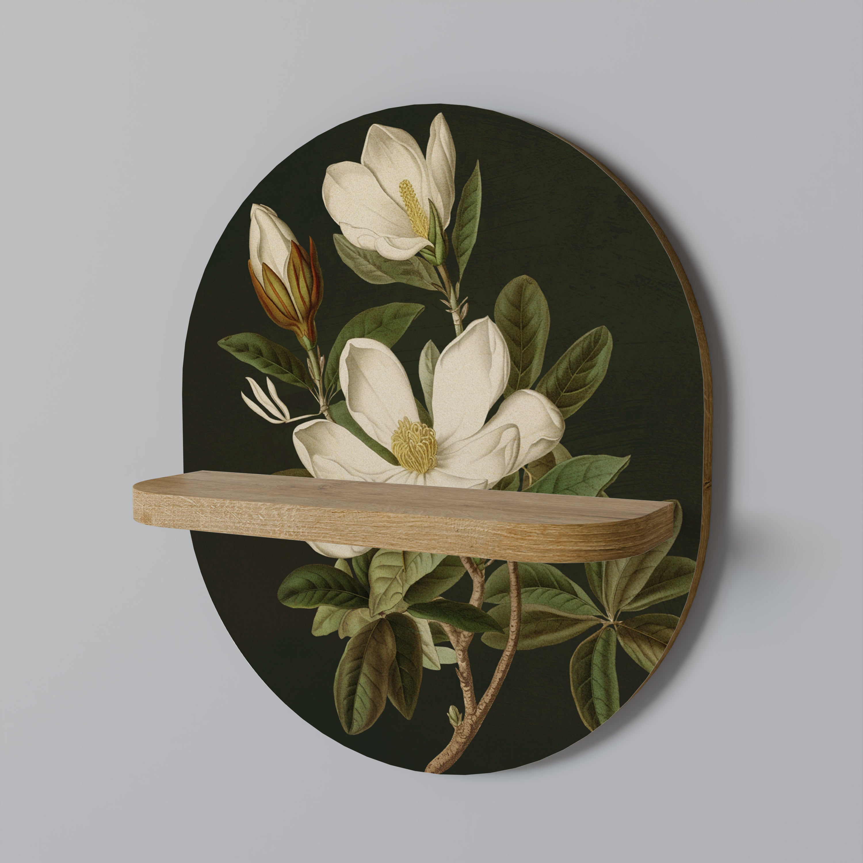 Estantería de arte ovalada FLORAL NOIR con efecto roble