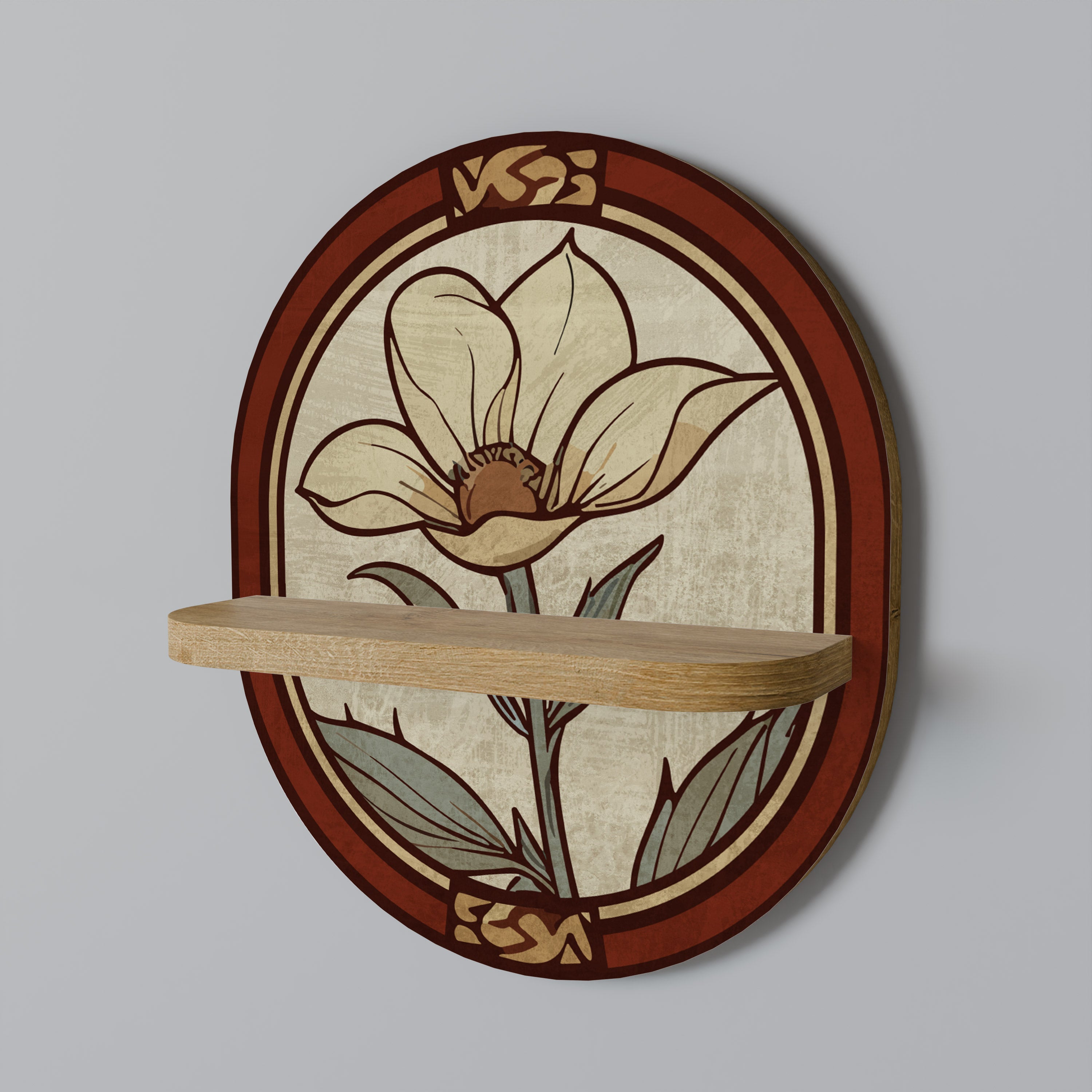 Estantería de arte ovalada TIMELESS FLORA con efecto roble