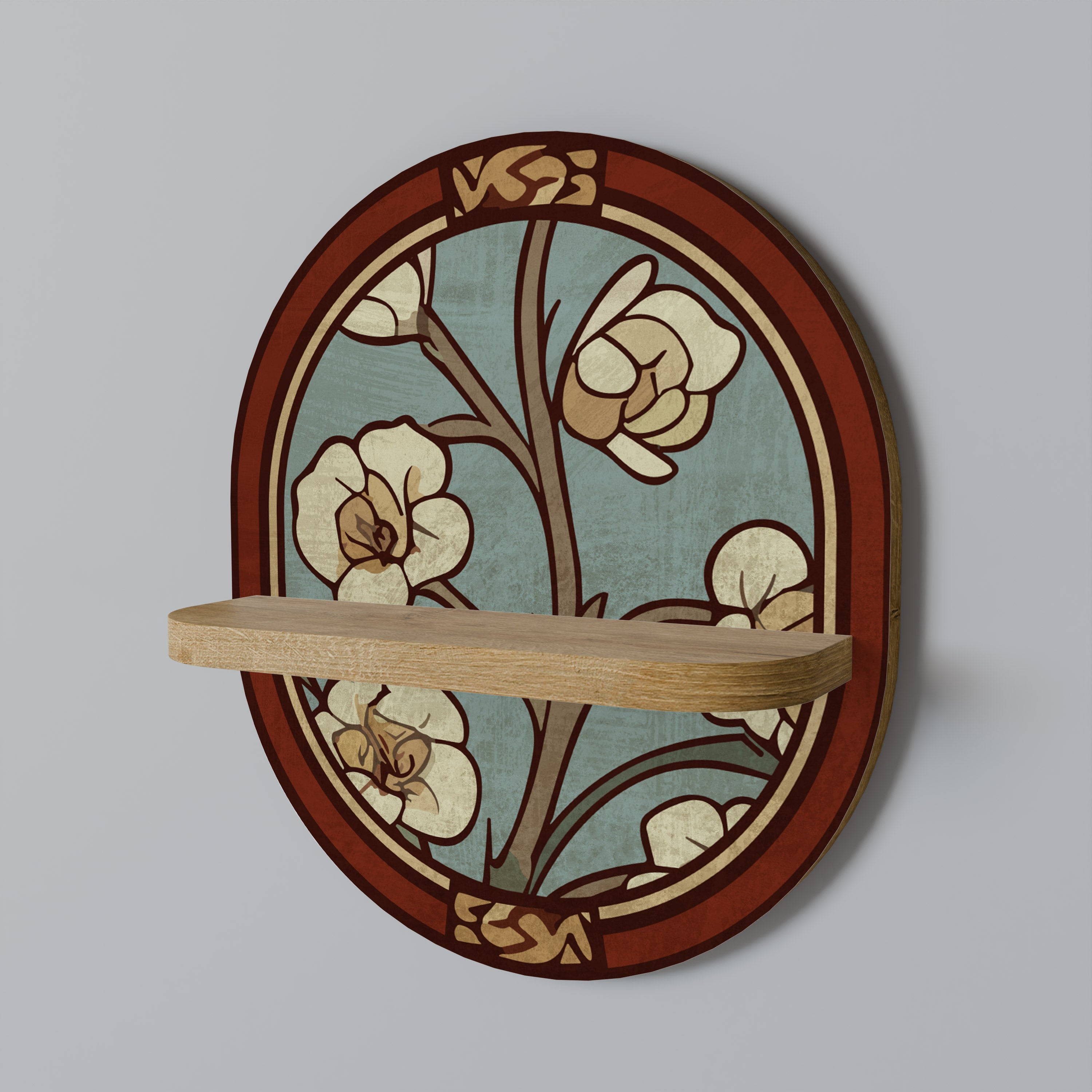 Estantería de arte ovalada con pétalos ornamentados en efecto roble