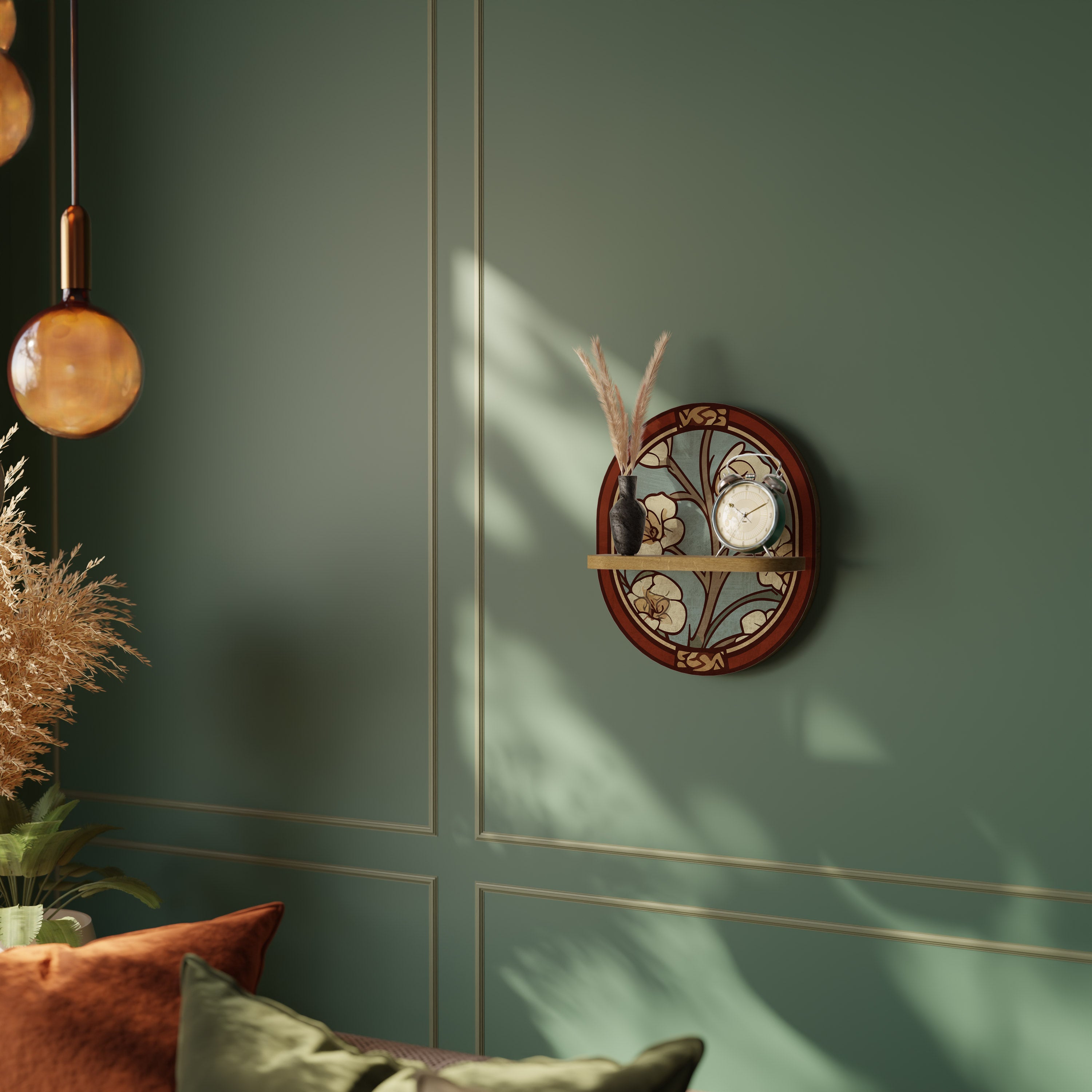 Estantería de arte ovalada con pétalos ornamentados en efecto roble