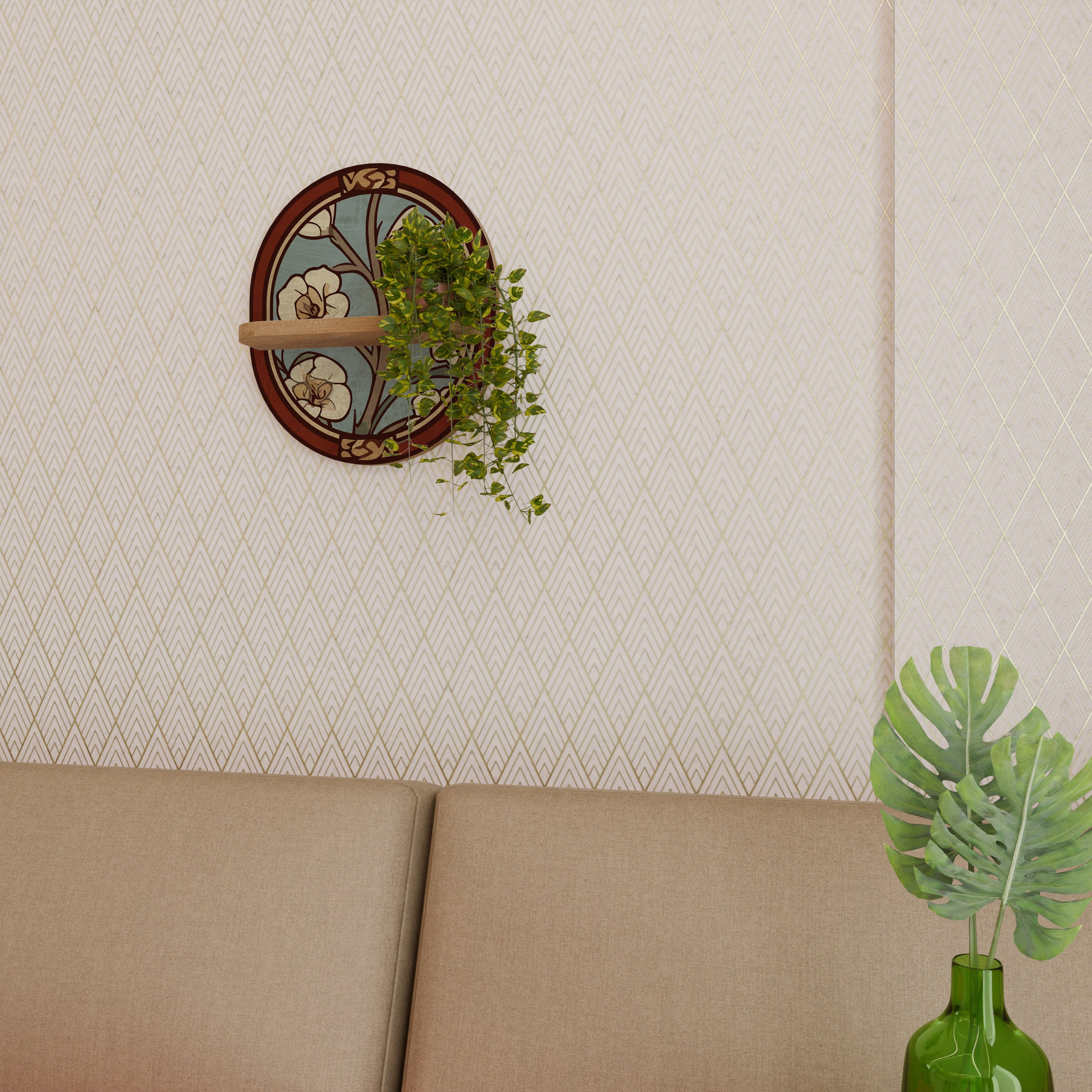 Estantería de arte ovalada con pétalos ornamentados en efecto roble