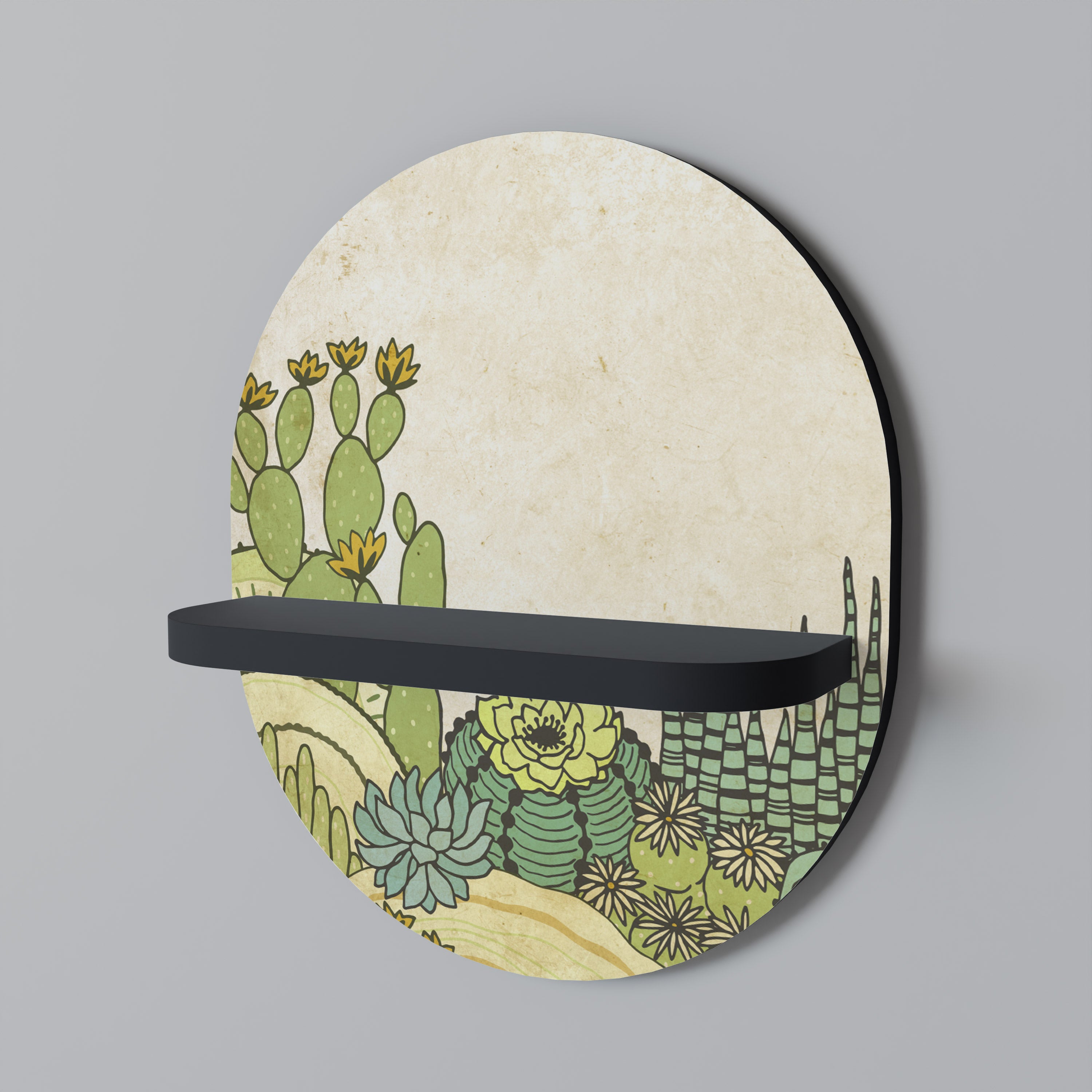 Estantería de arte ovalada con caleidoscopio de suculentas en acabado negro