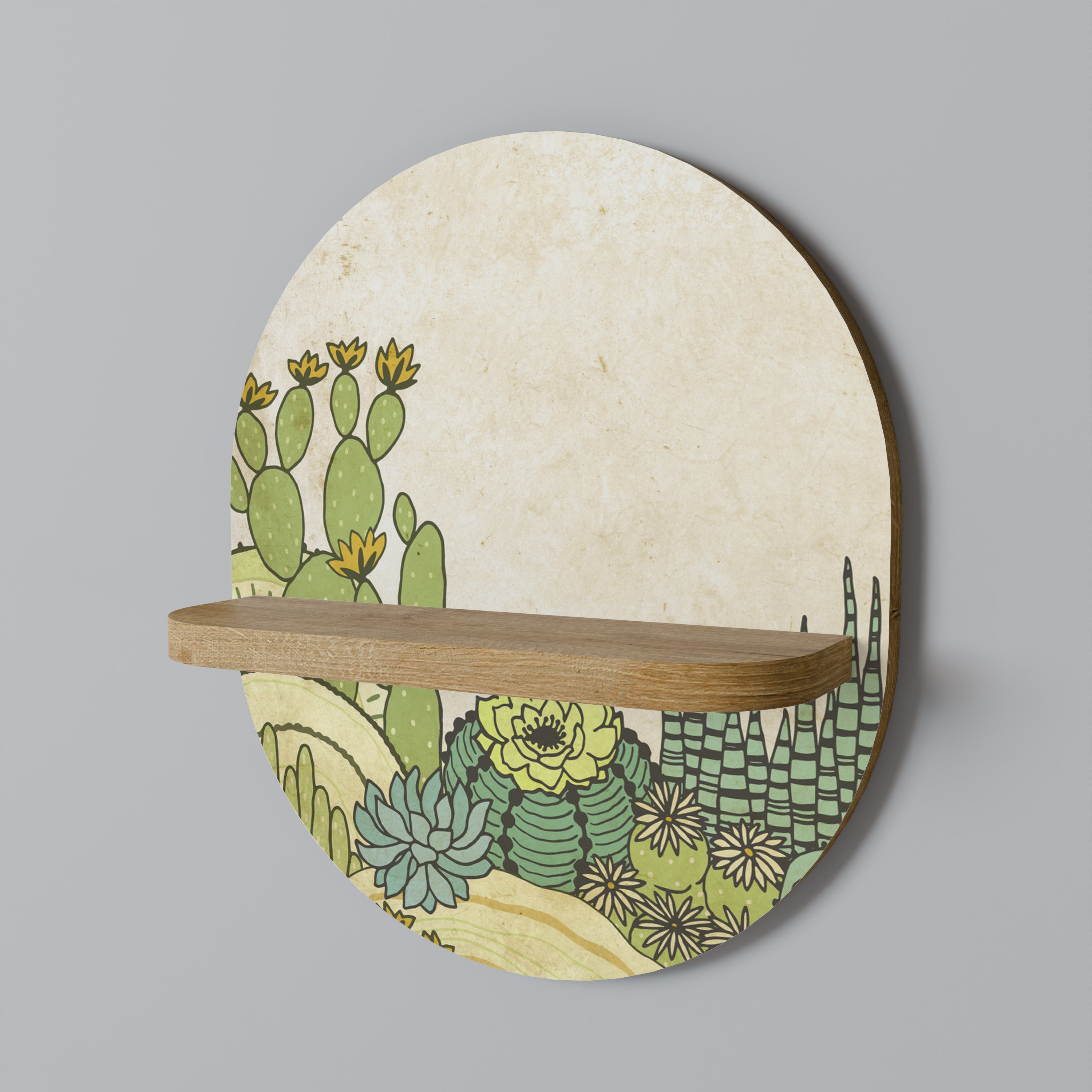 Estantería de arte ovalada con caleidoscopio de suculentas en efecto roble
