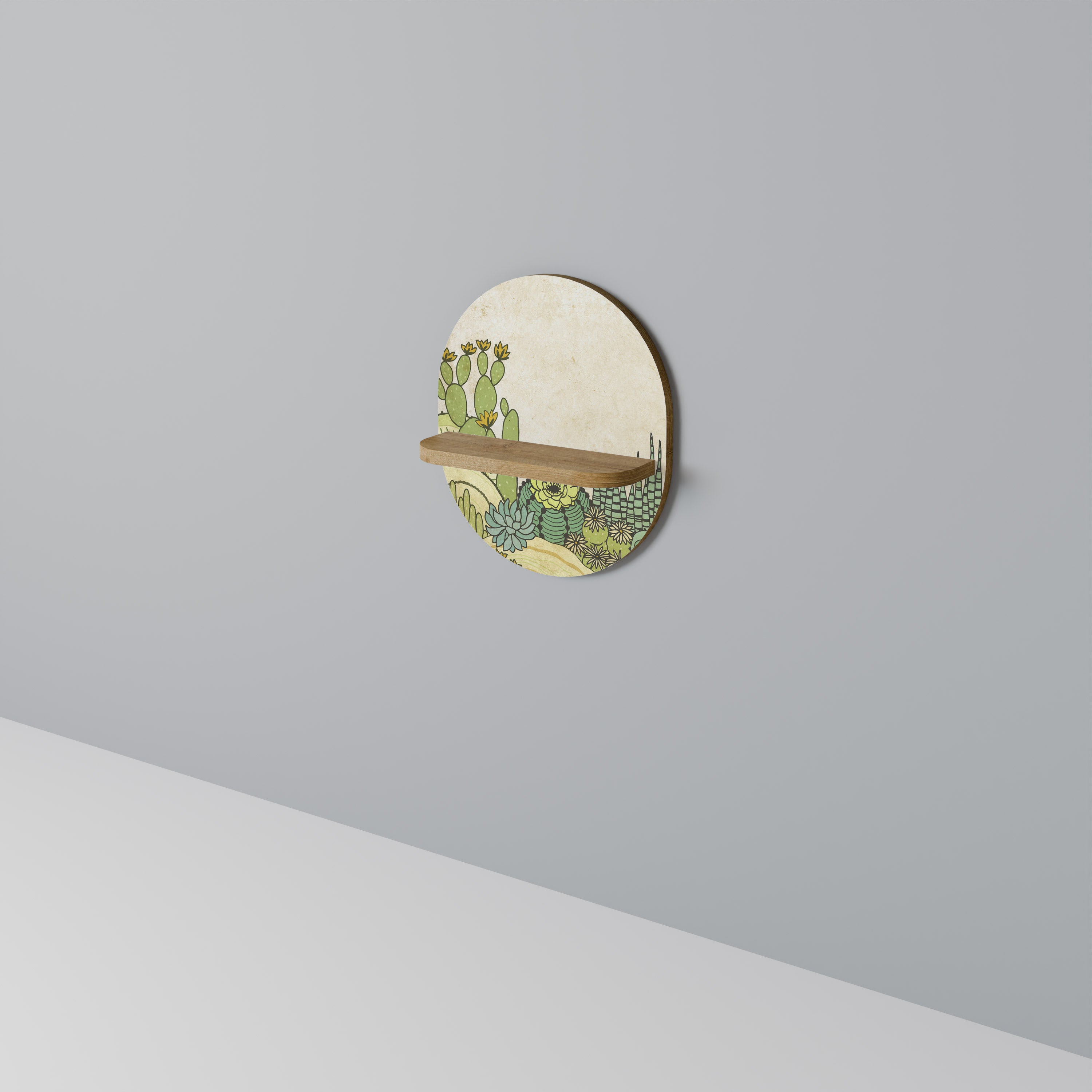 Estantería de arte ovalada con caleidoscopio de suculentas en efecto roble