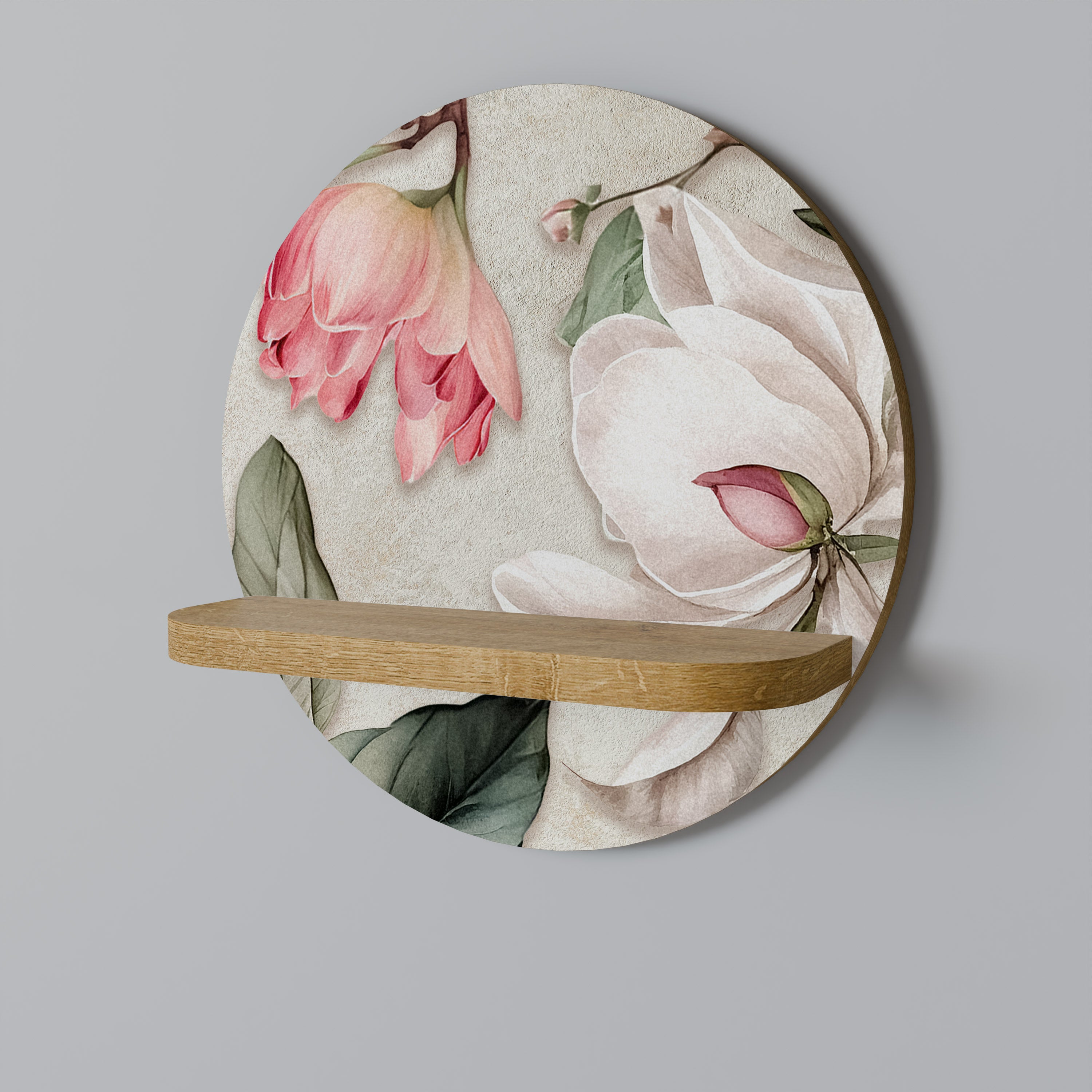 FLORAL GRACE Round Art Shelf In Oak Effect