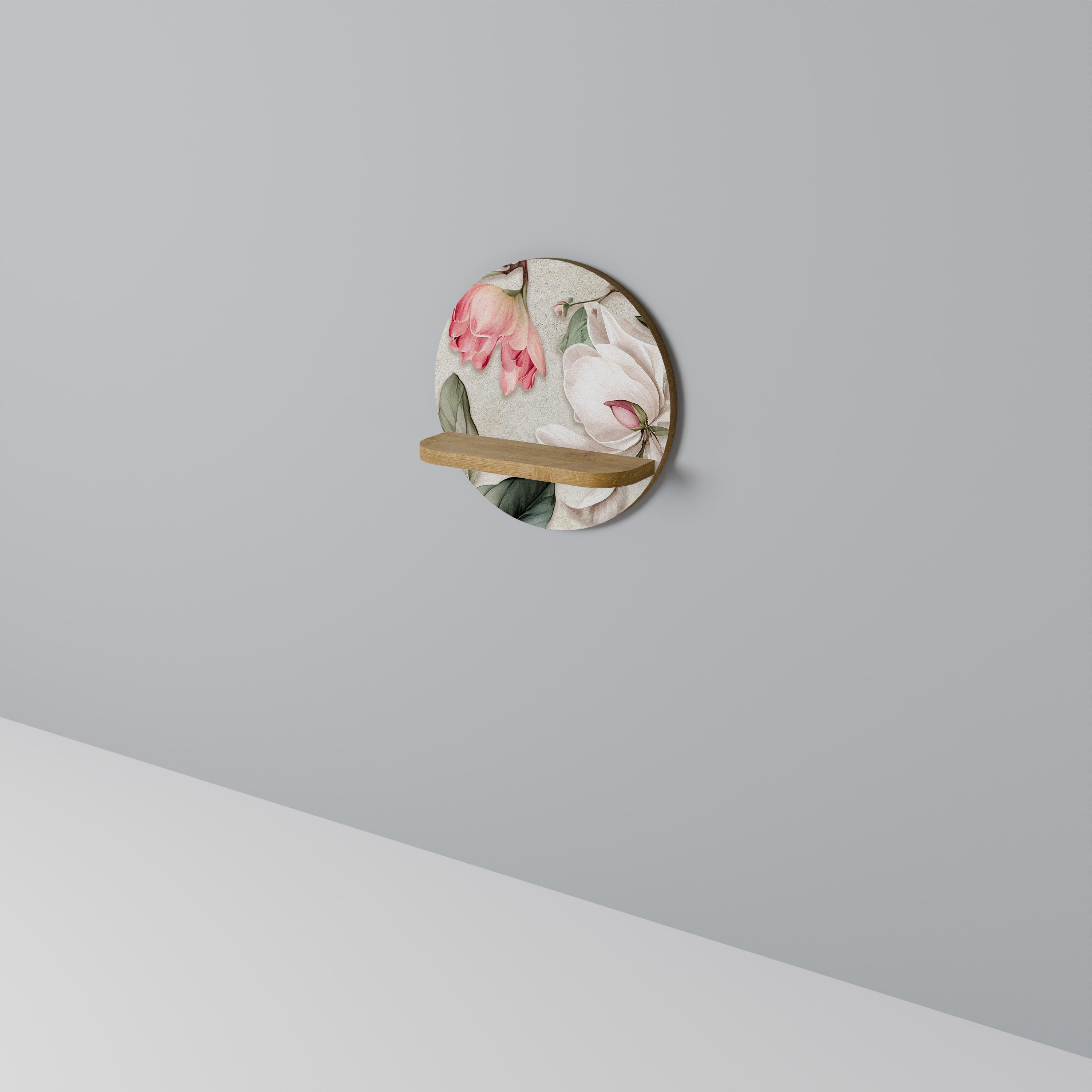 FLORAL GRACE Round Art Shelf In Oak Effect