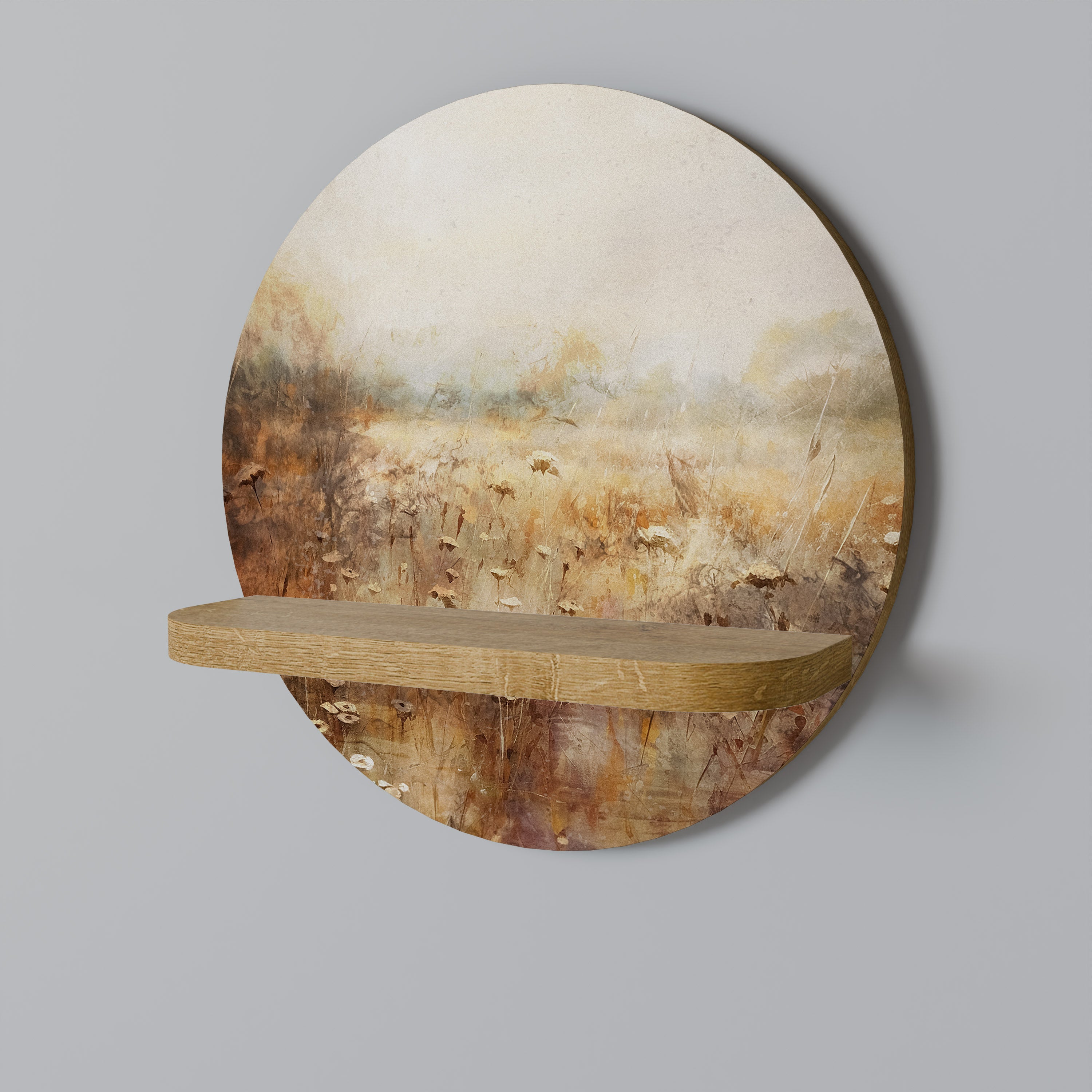 Estantería de arte redonda TRANQUIL FIELD con efecto roble
