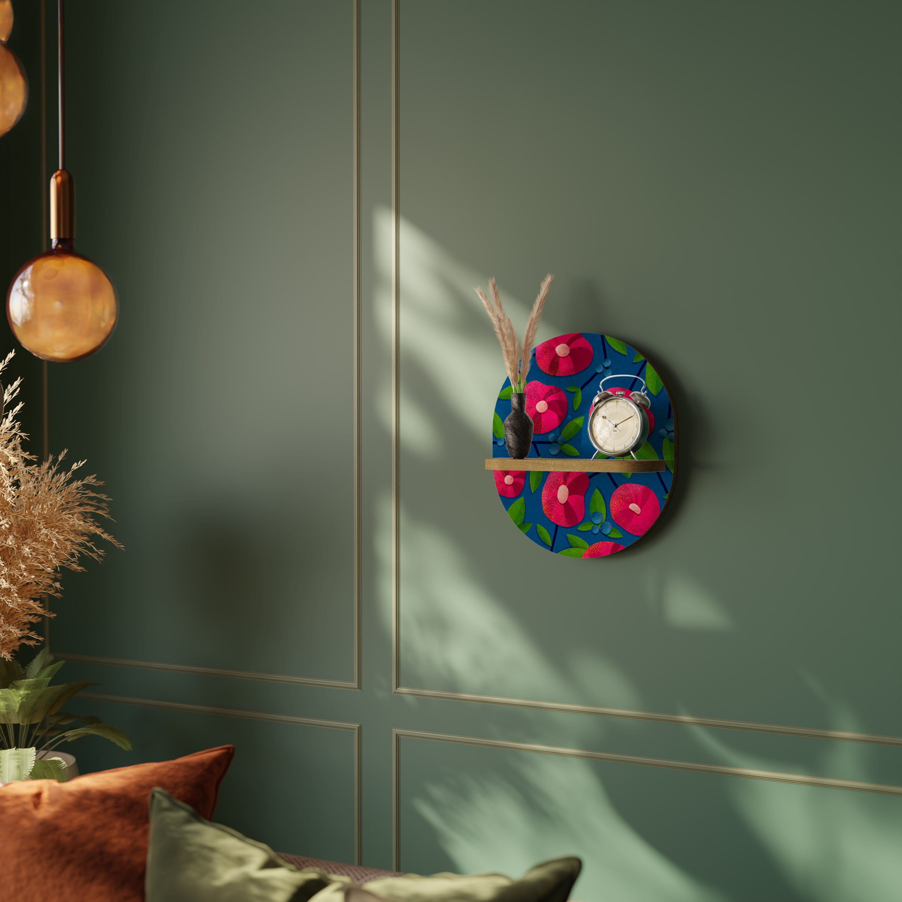 PENSAMIENTOS DE PRIMAVERA Estantería de arte ovalada con efecto roble