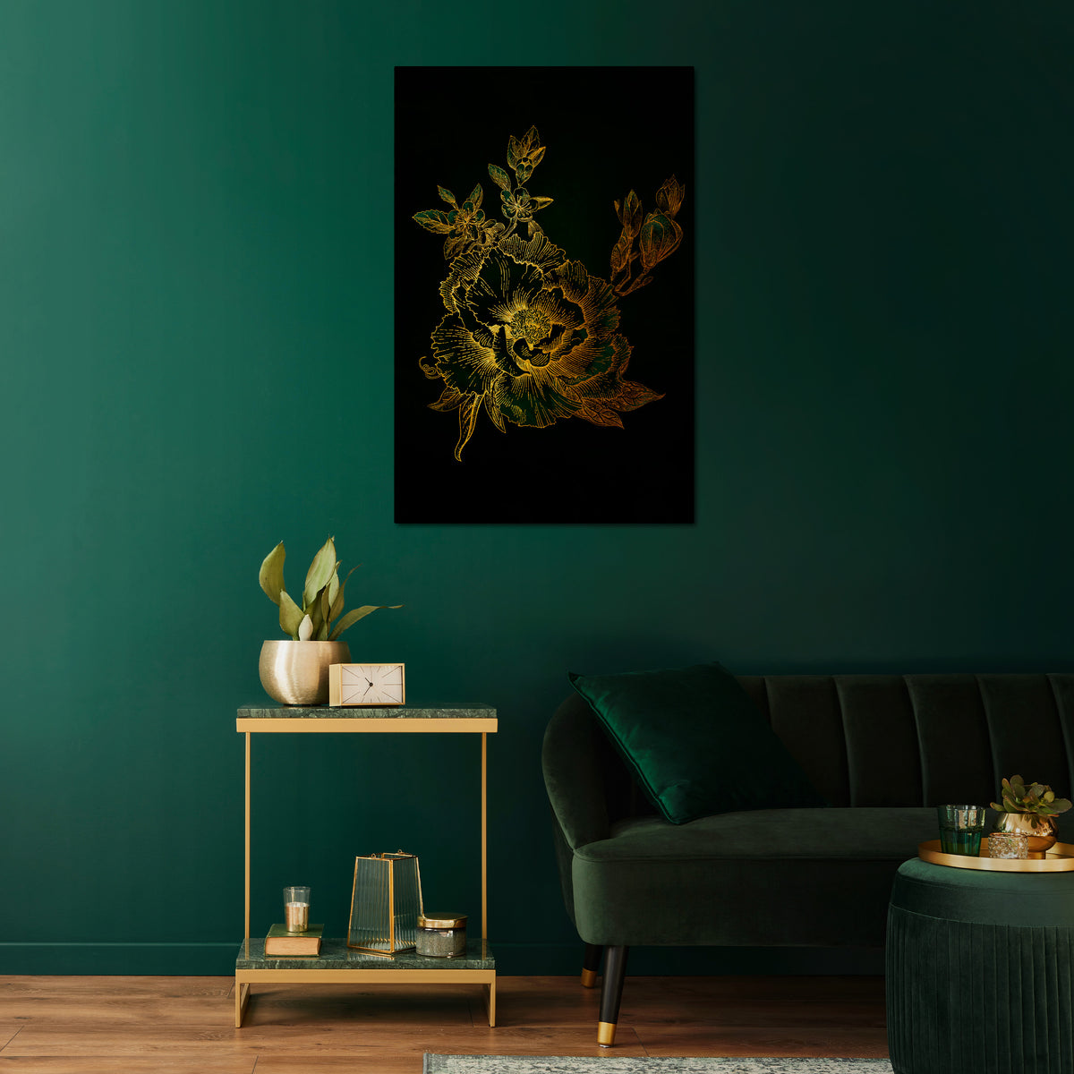 MIDNIGHT FLORAL GLIMMER Cuadro en lienzo vertical