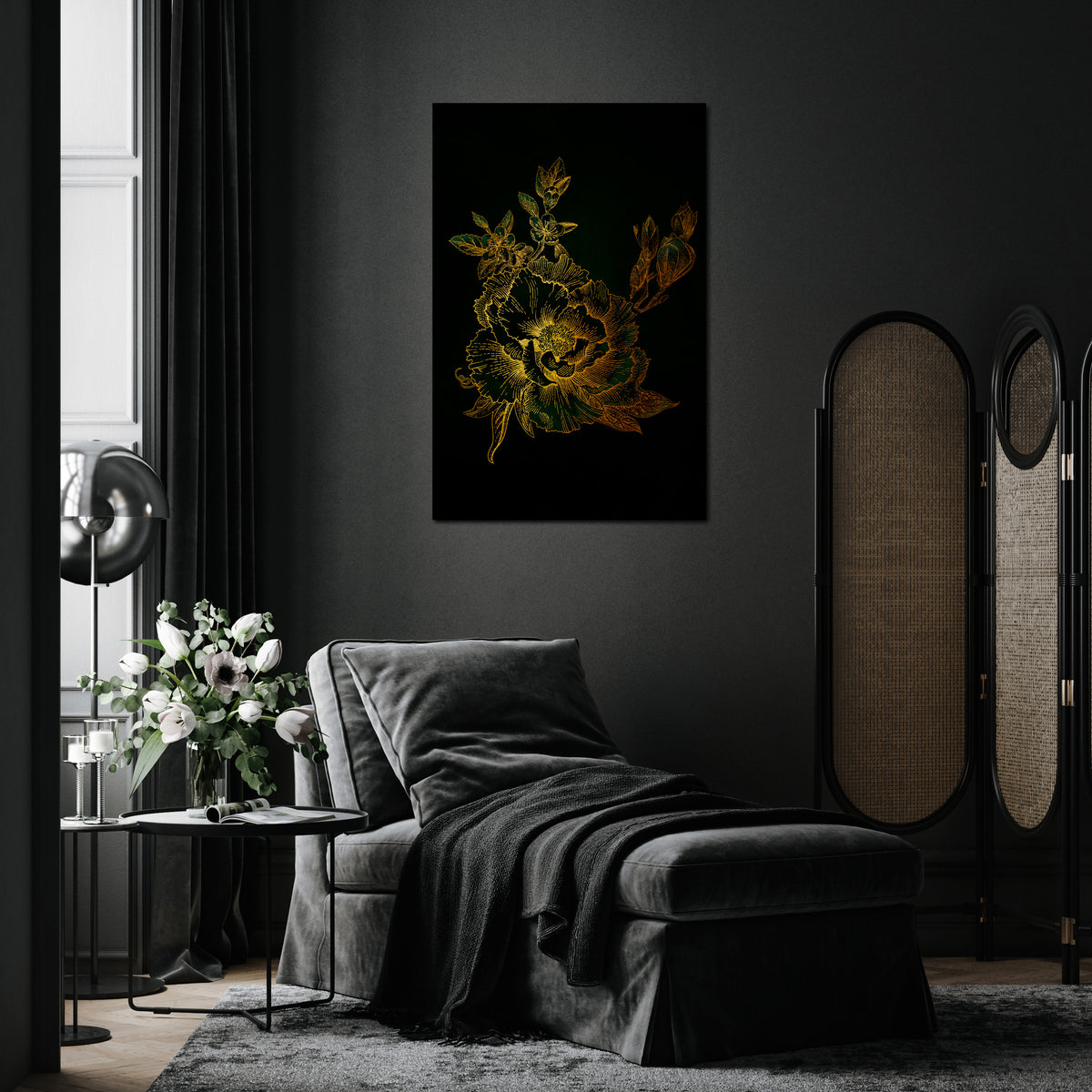 MIDNIGHT FLORAL GLIMMER Cuadro en lienzo vertical