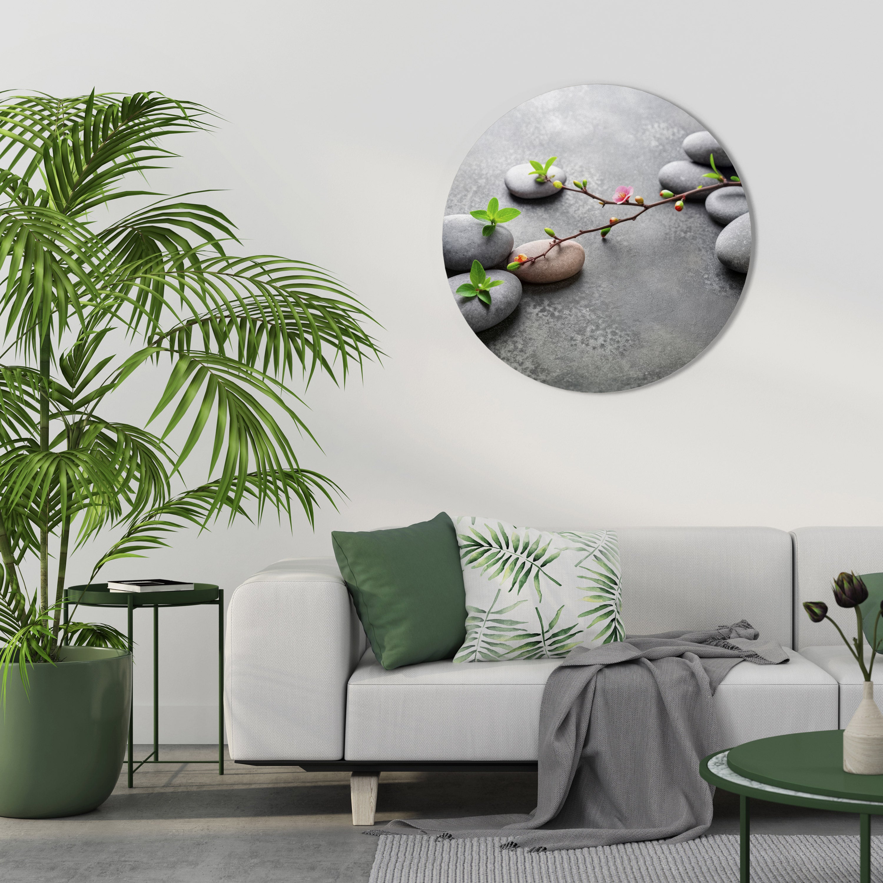 PIEDRAS Y FLORES Arte de pared redondo