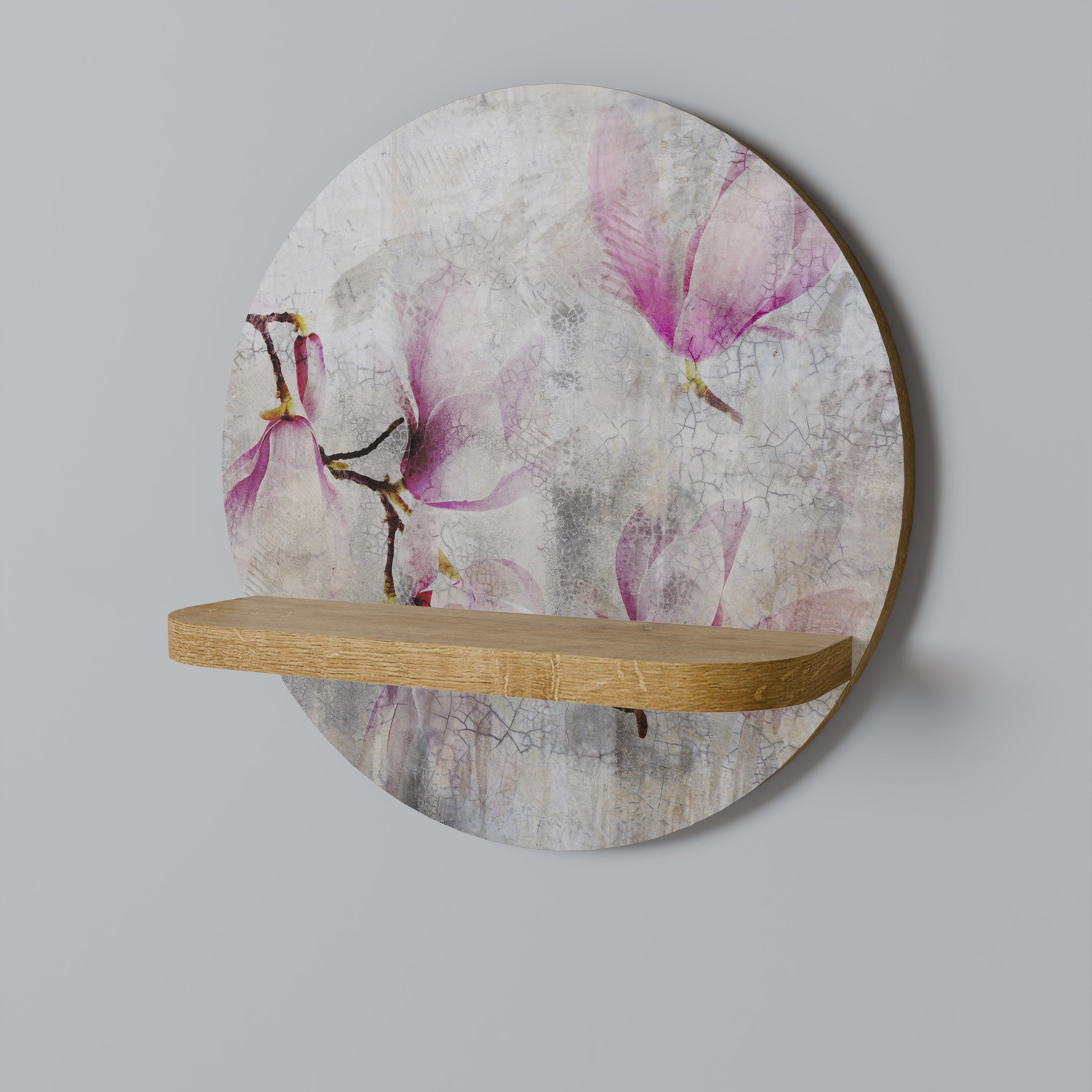 PEONY WHISPER Round Art Shelf In Oak Effect