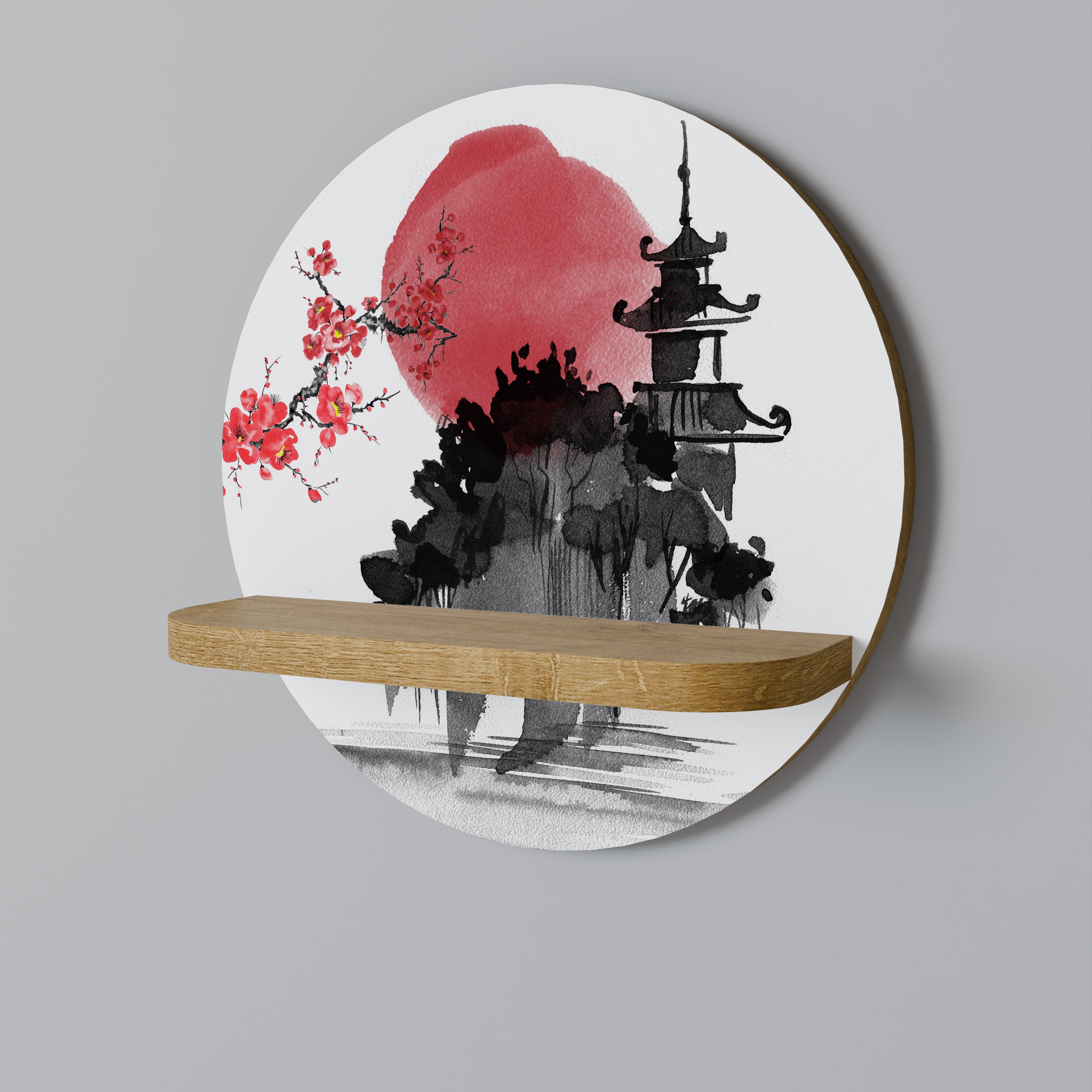 CHERRY SHADOWS Round Art Shelf In Oak Effect