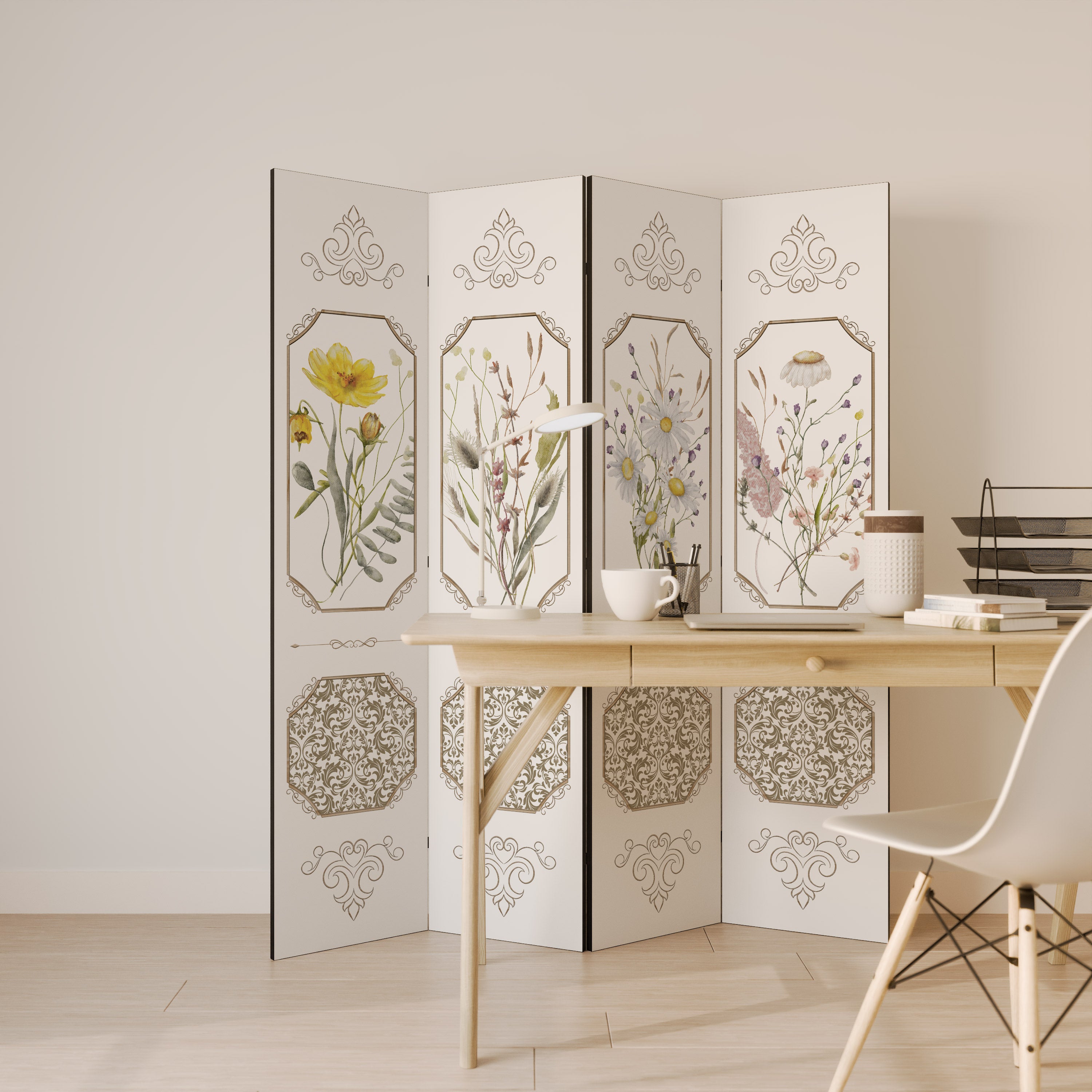 ELEGANT BOTANICAL TAPESTRY Biombo de 4 paneles