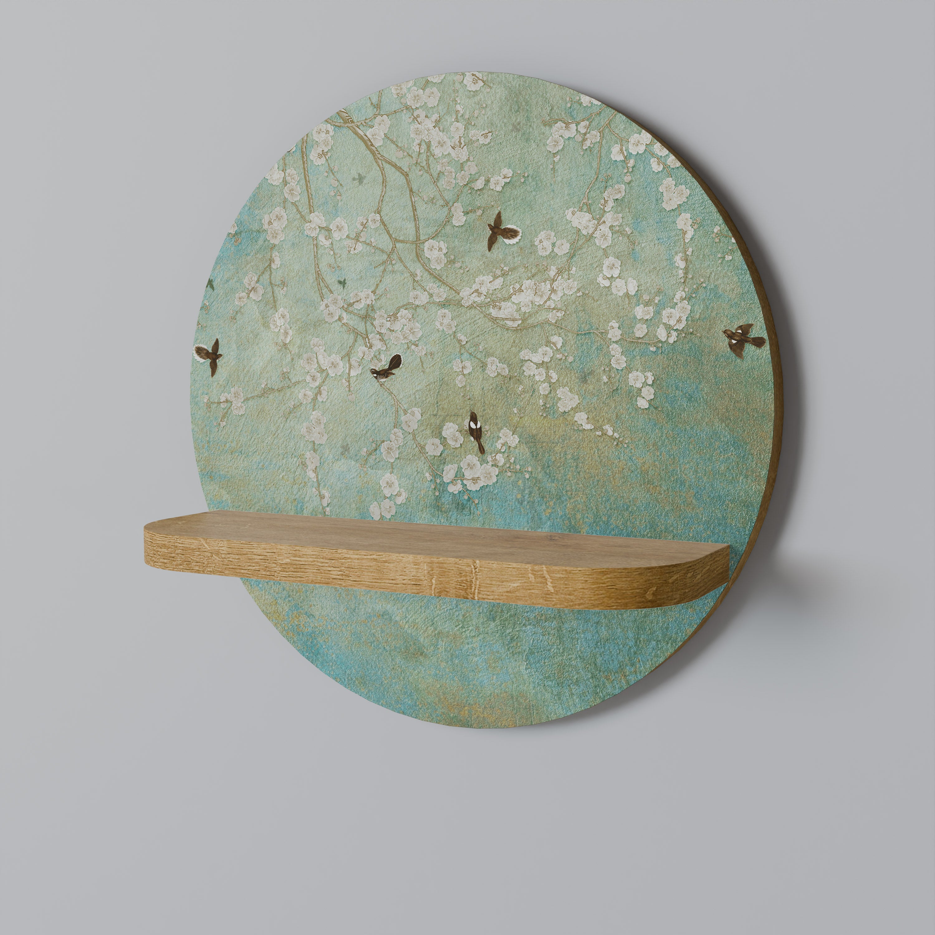 BLOOMING CHARM Round Art Shelf In Oak Effect
