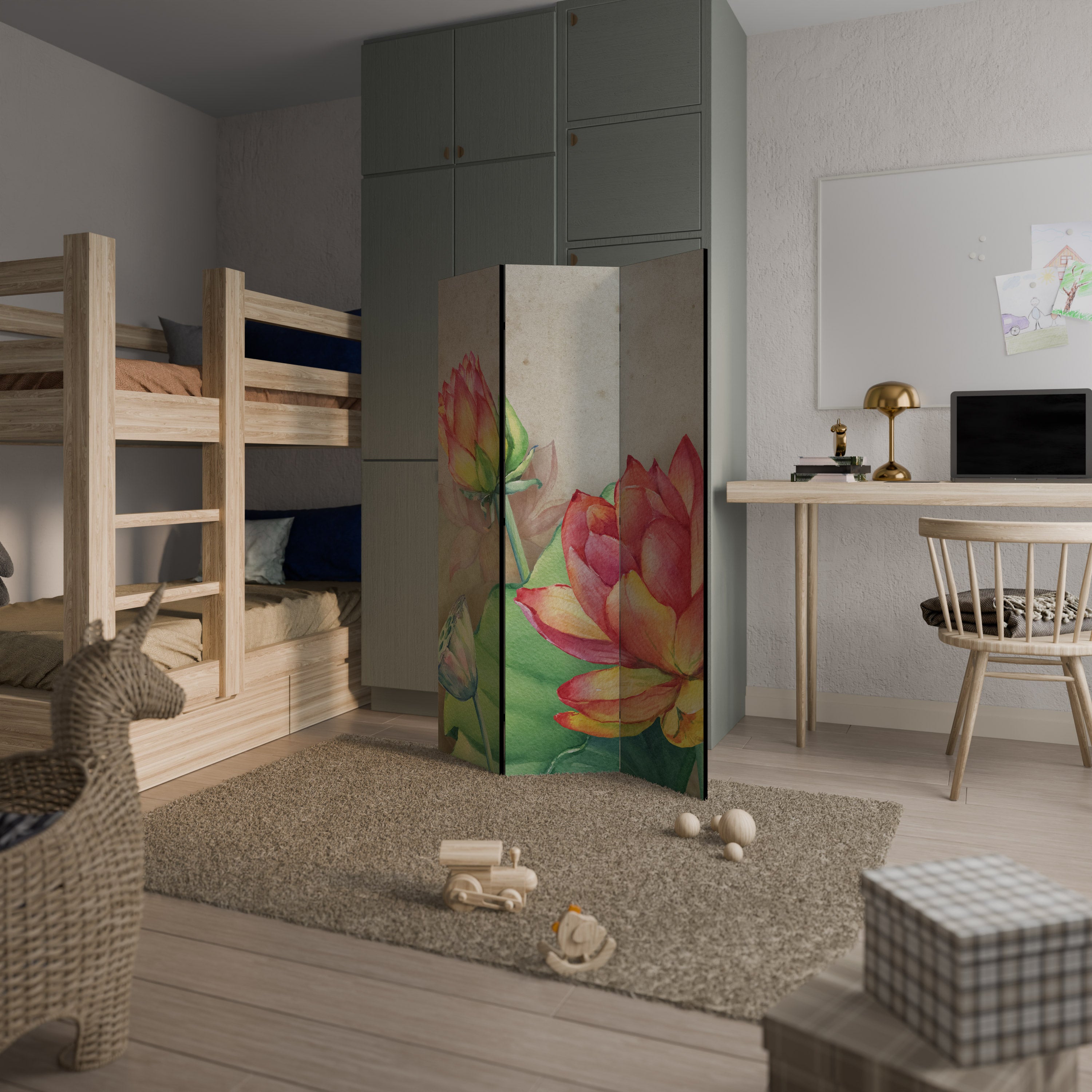 WHISPERING LOTUS BLOOMS Biombo de 3 paneles